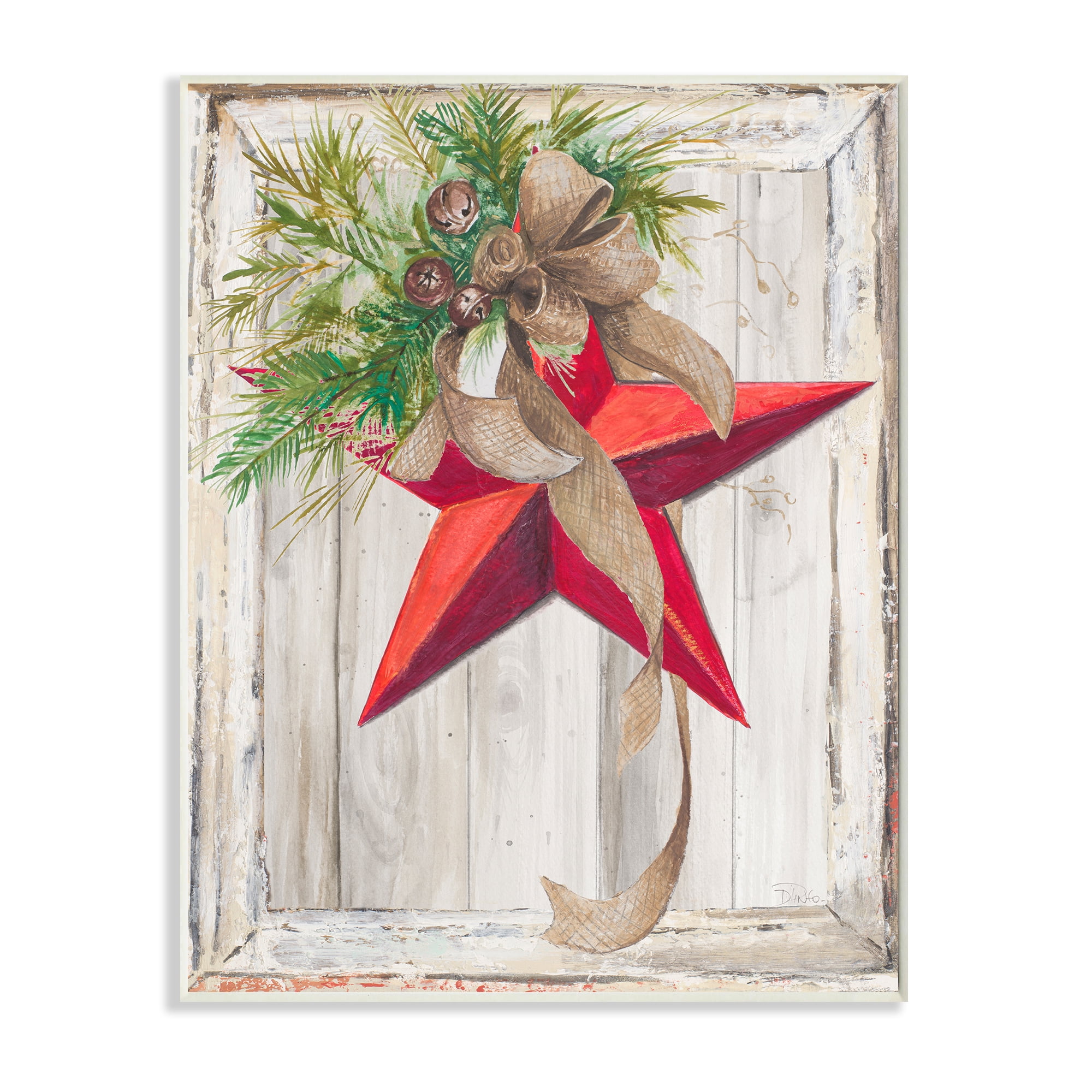 Stupell Industries Rustic Winter Red Star Barn Wood Holiday Painting Wall Plaque Art Print Wall Art, 13 x 19