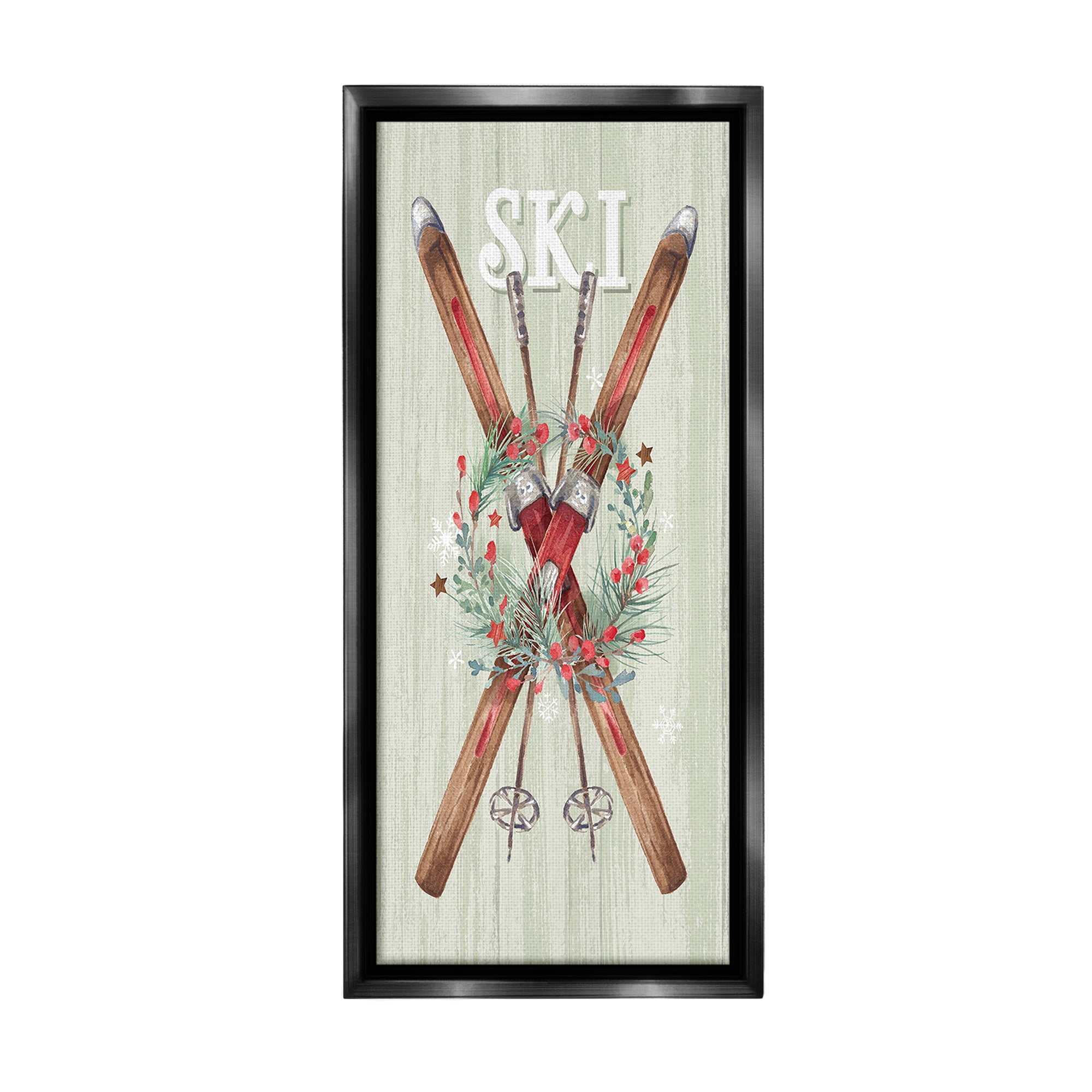 Stupell Industries Rustic Winter Skis Botanical & Floral Painting Black Floater Framed Canvas Art Print Wall Art, 14 x 31