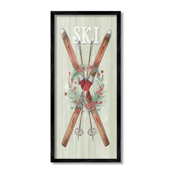 Stupell Industries Rustic Winter Skis Botanical & Floral Painting Black Framed Art Print Wall Art, 10 x 24