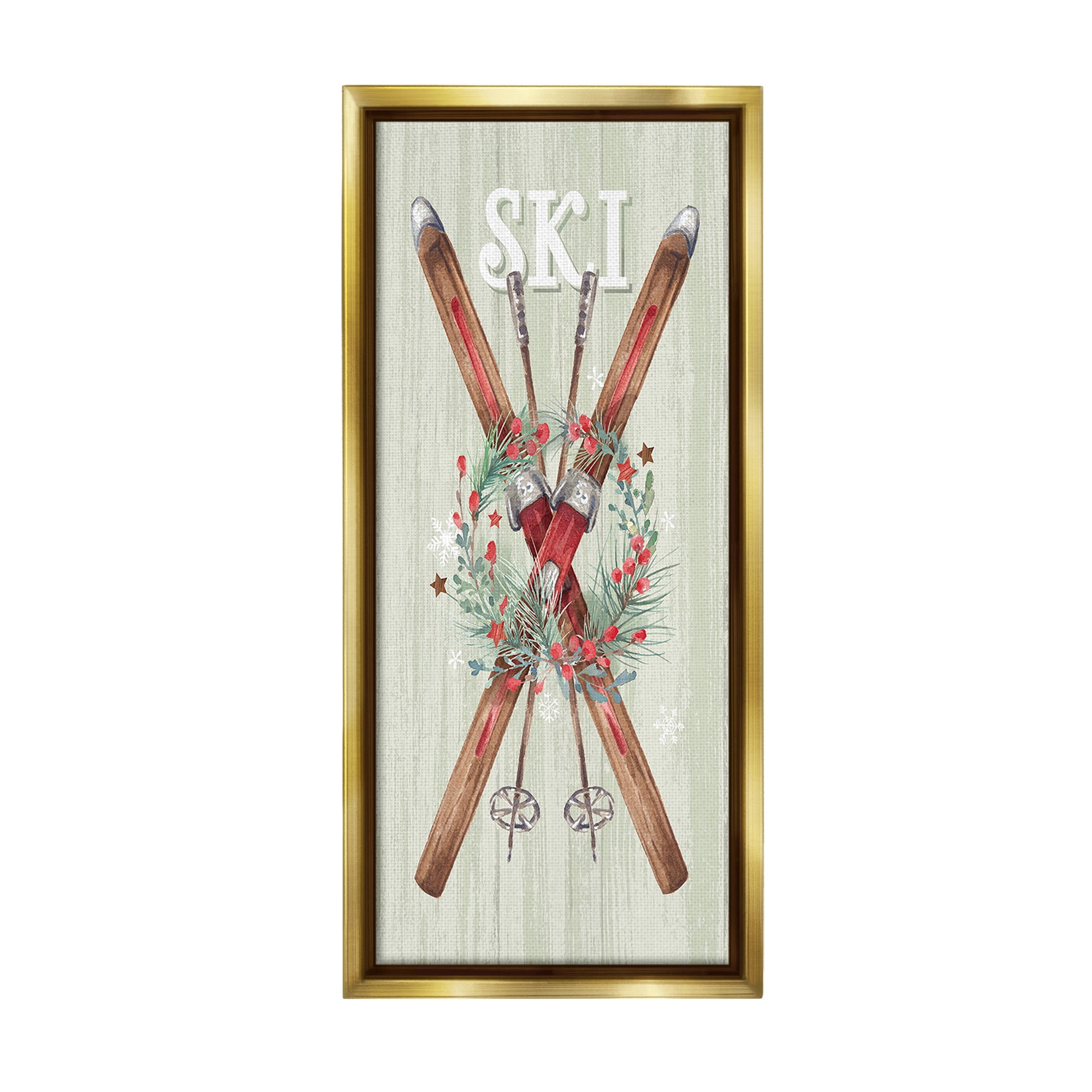 Stupell Industries Rustic Winter Skis Botanical & Floral Painting Gold Floater Framed Canvas Art Print Wall Art, 14 x 31