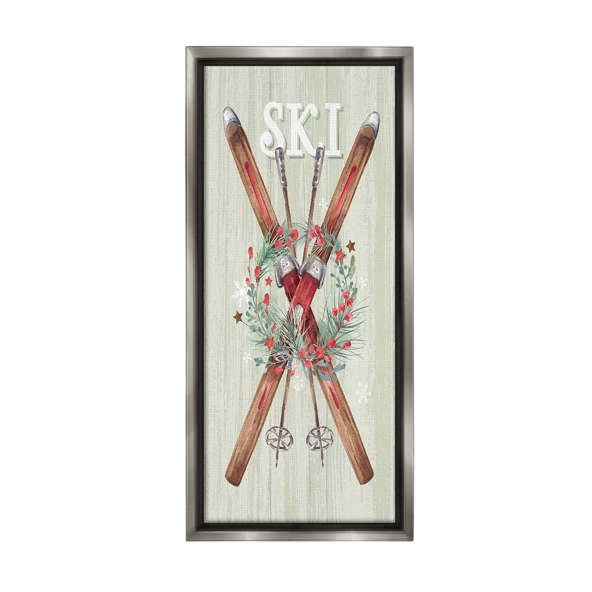 Stupell Industries Rustic Winter Skis Botanical & Floral Painting Gray Floater Framed Canvas Art Print Wall Art, 14 x 31