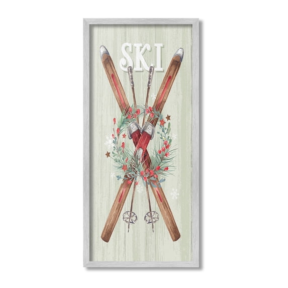 Stupell Industries Rustic Winter Skis Botanical & Floral Painting Gray Framed Art Print Wall Art, 10 x 24