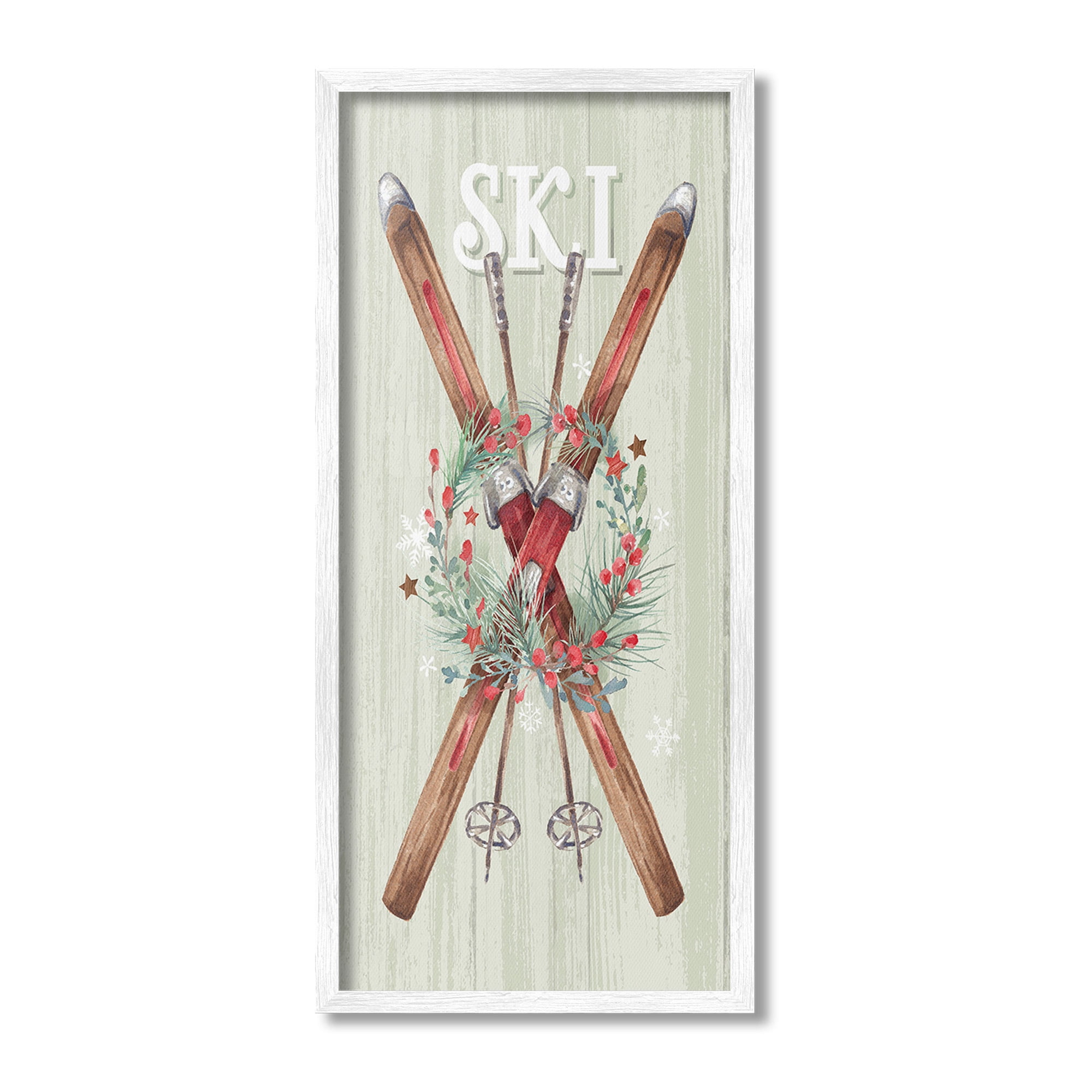 Stupell Industries Rustic Winter Skis Botanical & Floral Painting White Framed Art Print Wall Art, 13 x 30