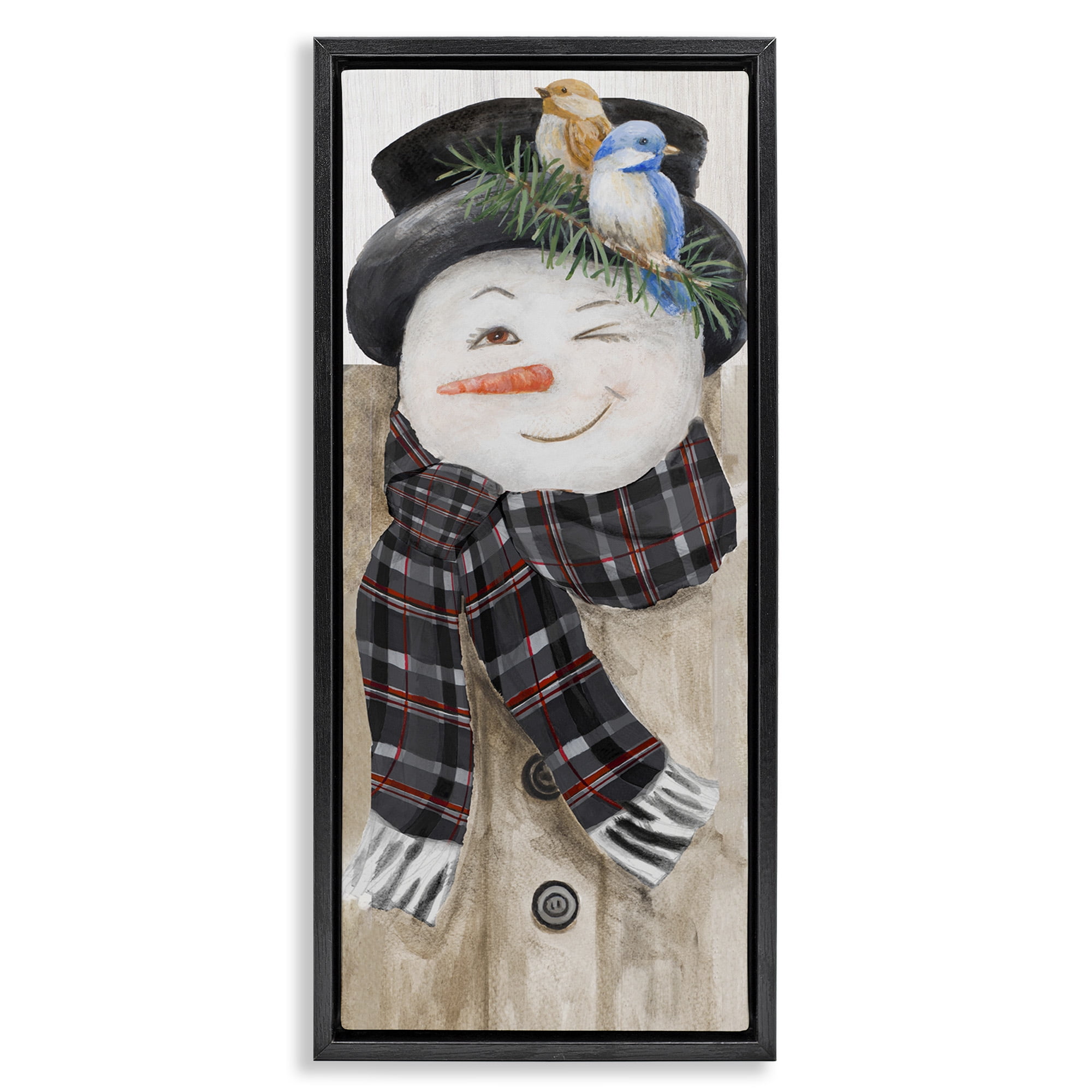 Stupell Industries Rustic Winter Snowman Wink Fairy Tales & Fantasy Painting Black Floater Framed Canvas Art Print Wall Art, 11 x 25