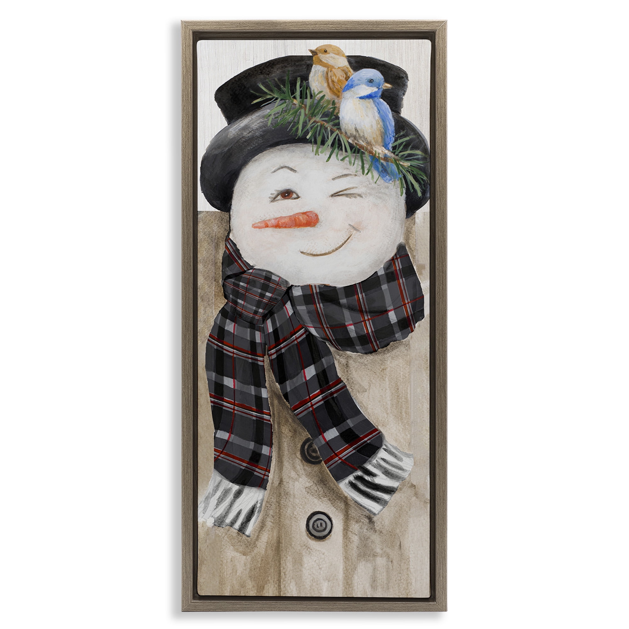 Stupell Industries Rustic Winter Snowman Wink Fairy Tales & Fantasy Painting Brown Floater Framed Canvas Art Print Wall Art, 11 x 25