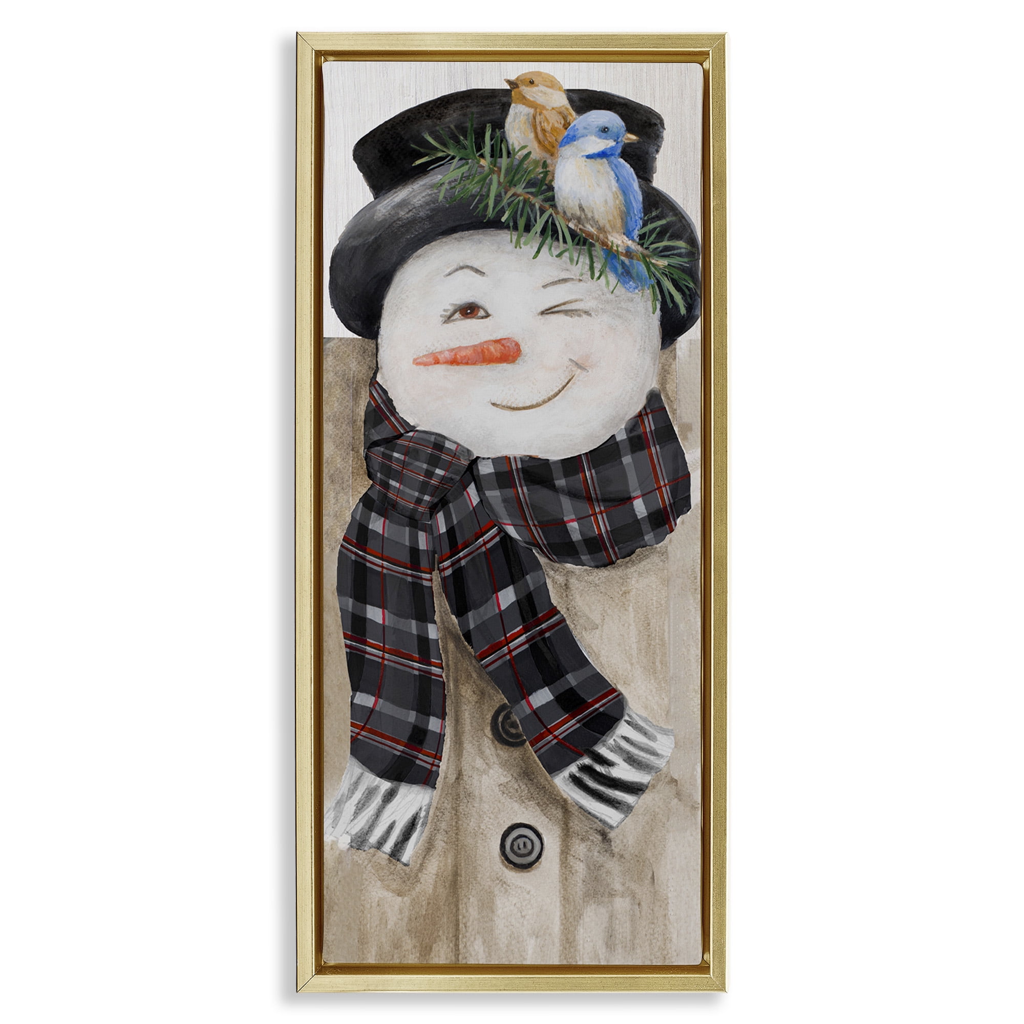 Stupell Industries Rustic Winter Snowman Wink Fairy Tales & Fantasy Painting Gold Floater Framed Canvas Art Print Wall Art, 15 x 31