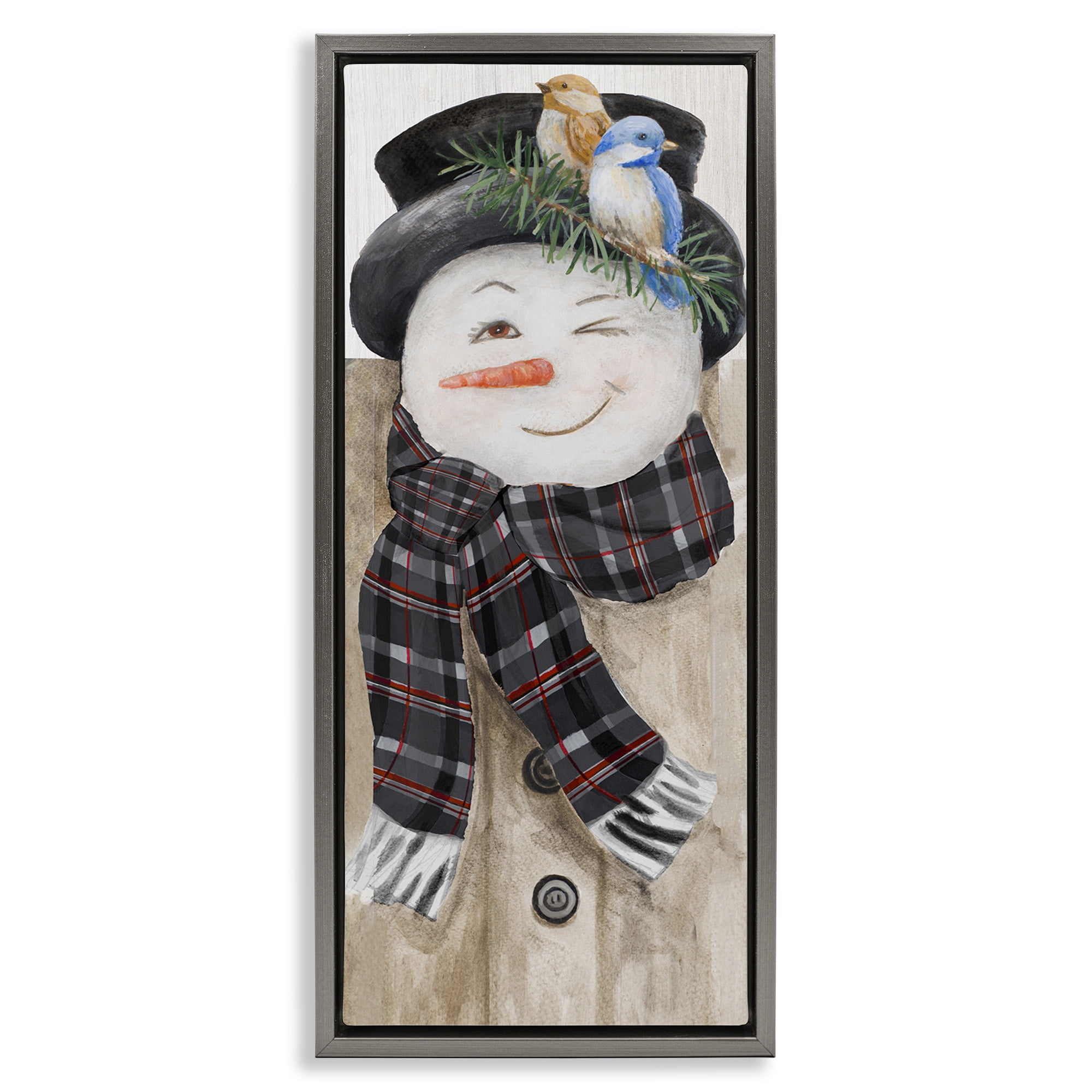 Stupell Industries Rustic Winter Snowman Wink Fairy Tales & Fantasy Painting Gray Floater Framed Canvas Art Print Wall Art, 15 x 31