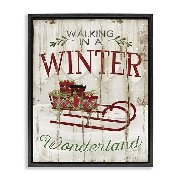 Stupell Industries Rustic Winter Wonderland Sleigh Holiday Painting Black Floater Framed Canvas Art Print Wall Art, 17 x 21