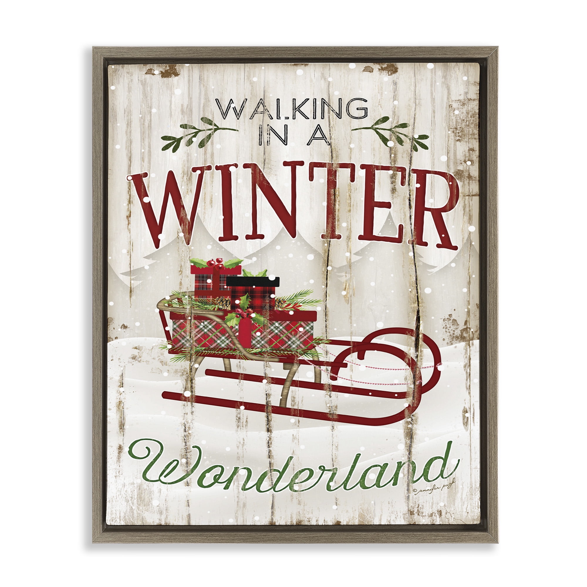Stupell Industries Rustic Winter Wonderland Sleigh Holiday Painting Brown Floater Framed Canvas Art Print Wall Art, 17 x 21