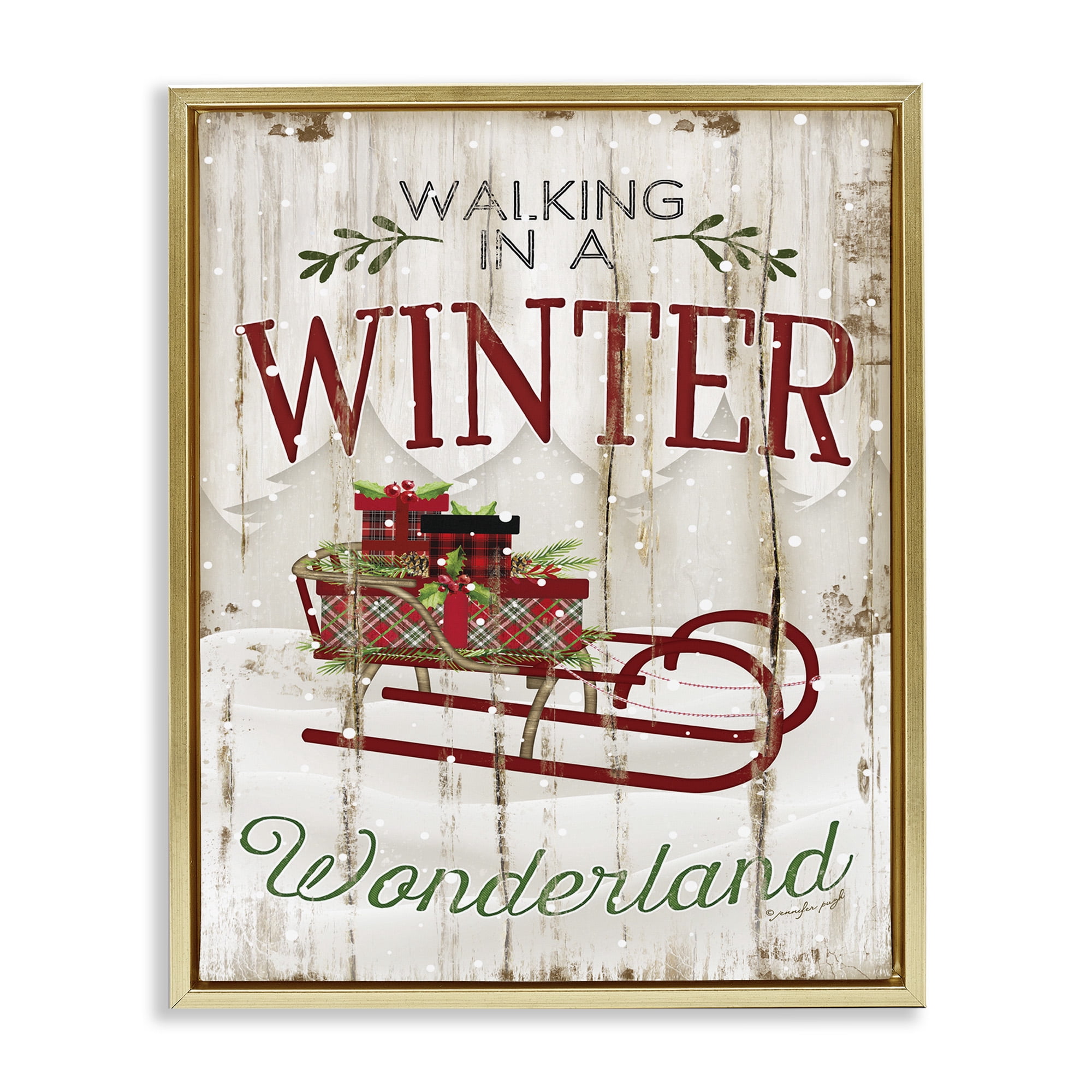 Stupell Industries Rustic Winter Wonderland Sleigh Holiday Painting Gold Floater Framed Canvas Art Print Wall Art, 25 x 31