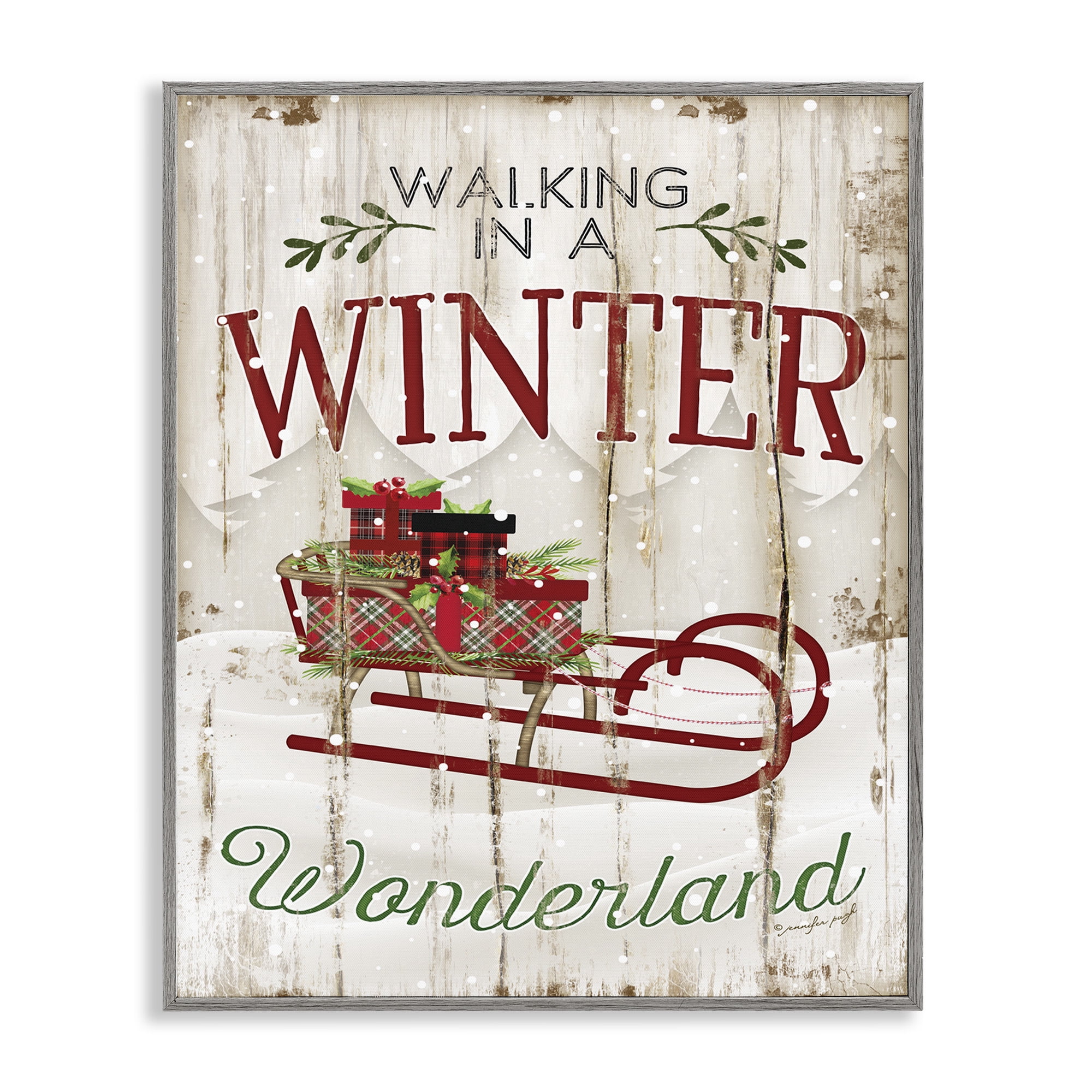 Stupell Industries Rustic Winter Wonderland Sleigh Holiday Painting Gray Framed Art Print Wall Art, 11 x 14