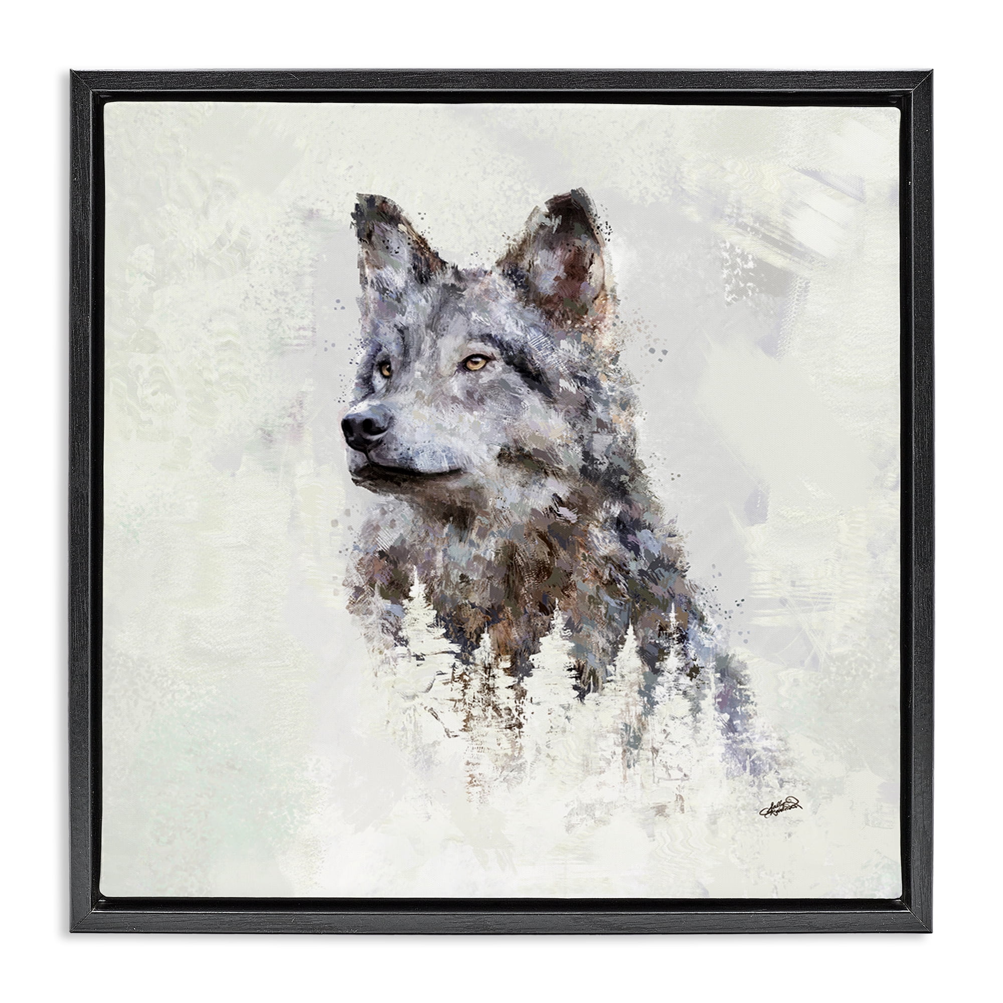 Stupell Industries Rustic Wolf & Trees Animals & Insects Painting Black Floater Framed Canvas Art Print Wall Art, 25 x 25
