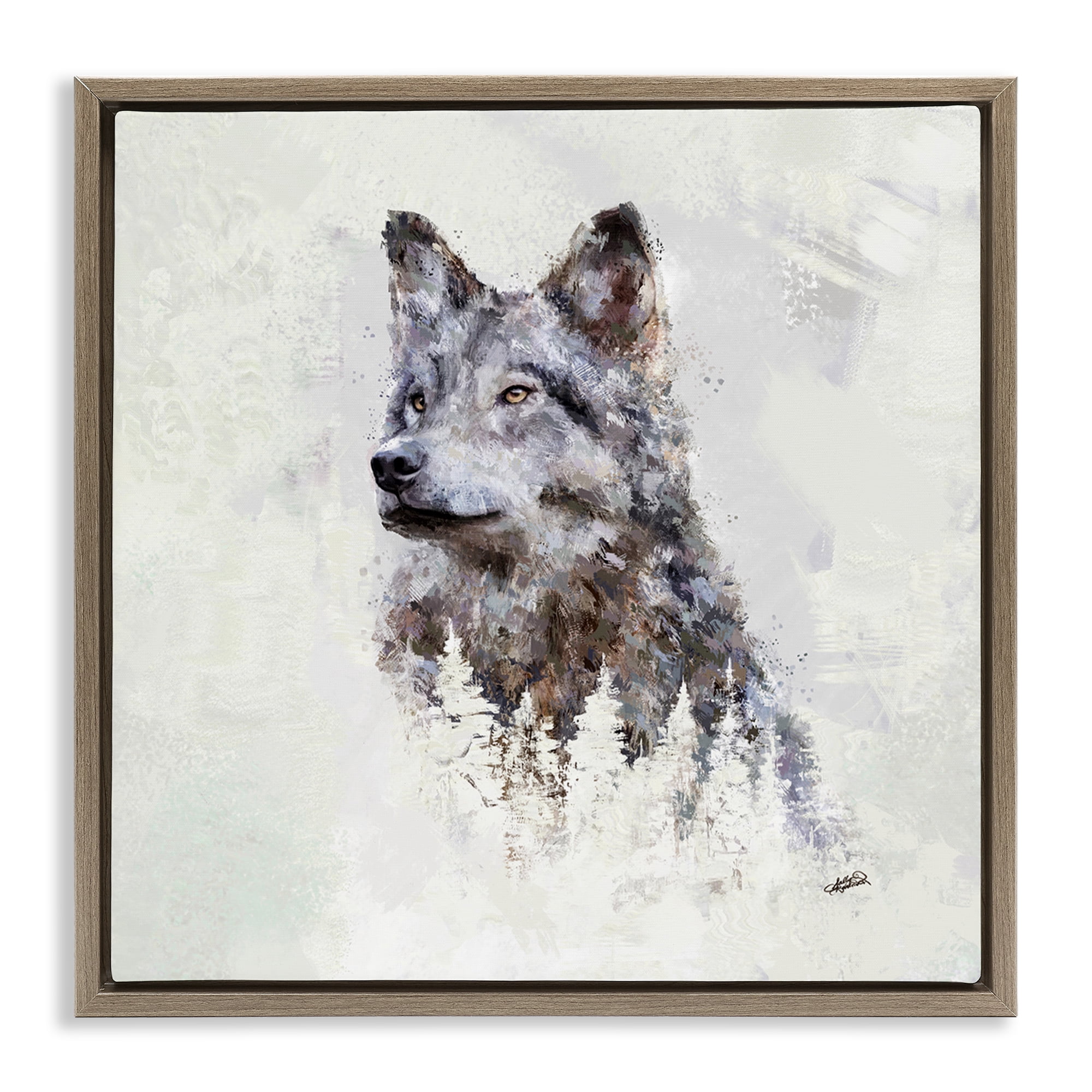 Stupell Industries Rustic Wolf & Trees Animals & Insects Painting Brown Floater Framed Canvas Art Print Wall Art, 25 x 25