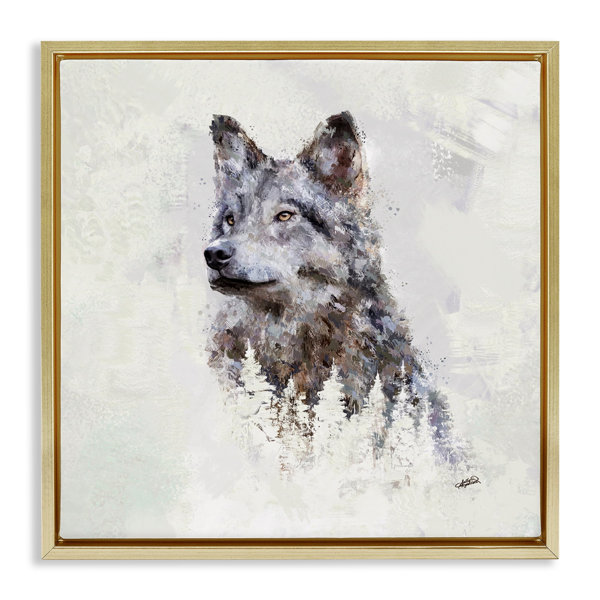 Stupell Industries Rustic Wolf & Trees Animals & Insects Painting Gold Floater Framed Canvas Art Print Wall Art, 18 x 18