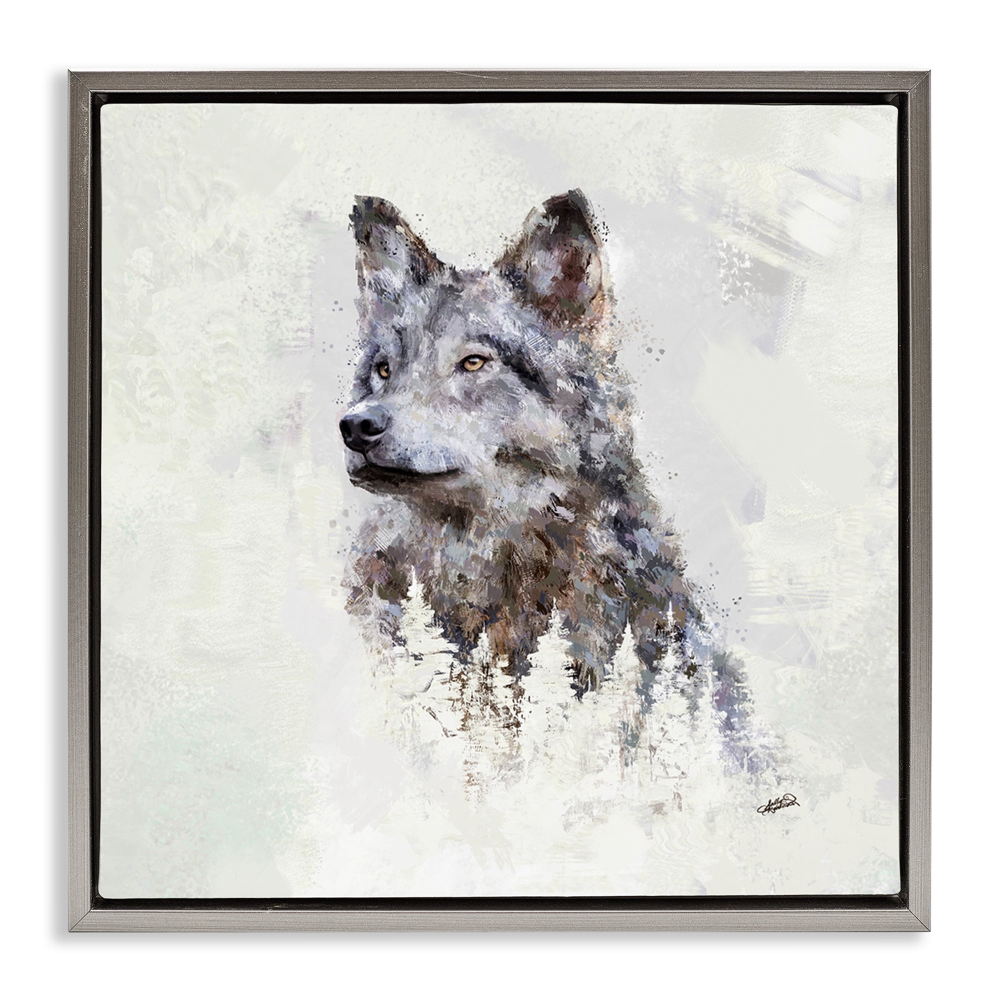 Stupell Industries Rustic Wolf & Trees Animals & Insects Painting Gray Floater Framed Canvas Art Print Wall Art, 18 x 18