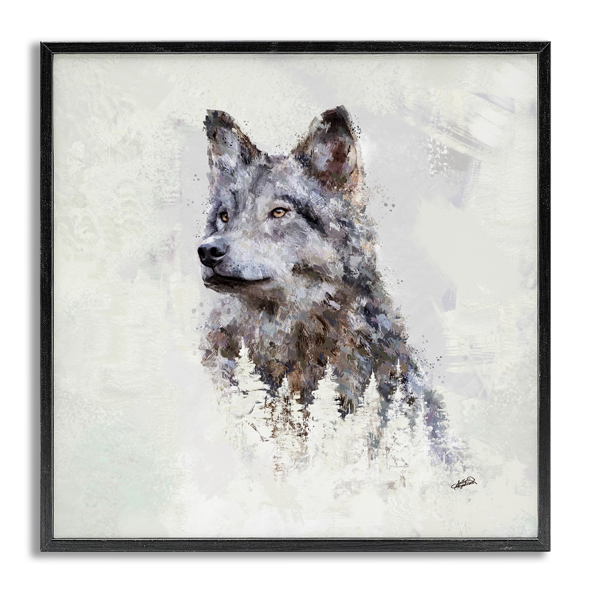 Stupell Industries Rustic Wolf & Trees Animals & Insects Painting Gray Framed Art Print Wall Art, 12 x 12