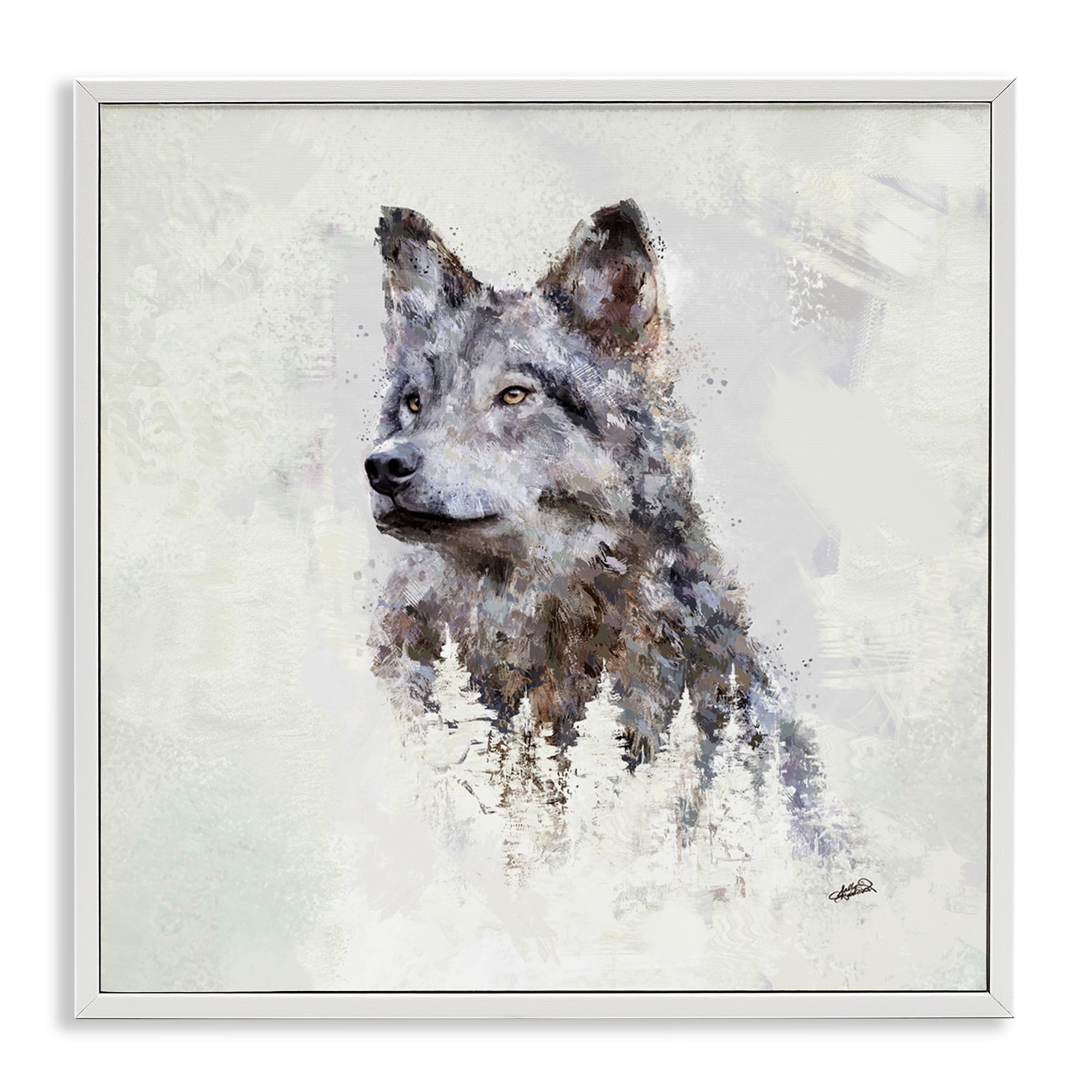 Stupell Industries Rustic Wolf & Trees Animals & Insects Painting White Framed Art Print Wall Art, 12 x 12