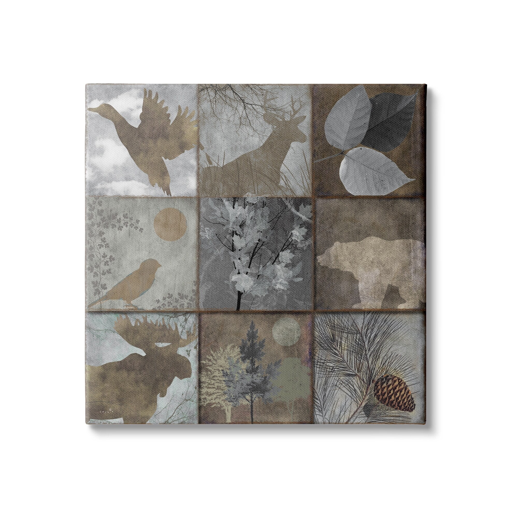 Rustic Woodland Animal Collage Brown and Gray Canvas Wall Art