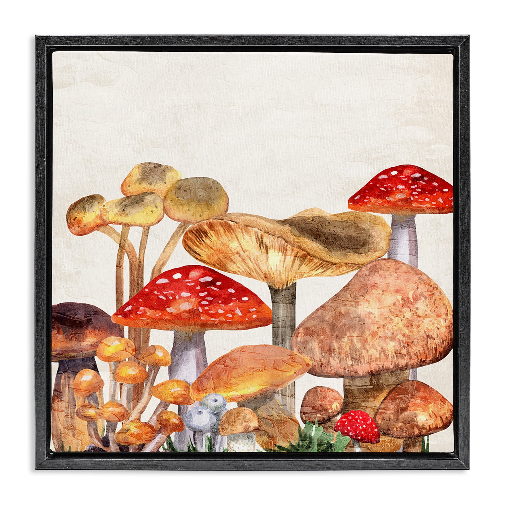 Stupell Industries Rustic Woodland Mushrooms Botanical & Floral Painting Black Floater Framed Canvas Art Print Wall Art, 25 x 25