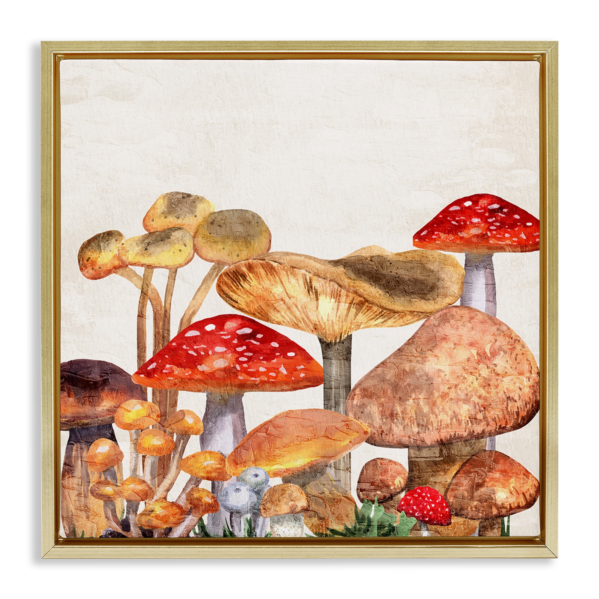 Stupell Industries Rustic Woodland Mushrooms Botanical & Floral Painting Gold Floater Framed Canvas Art Print Wall Art, 18 x 18