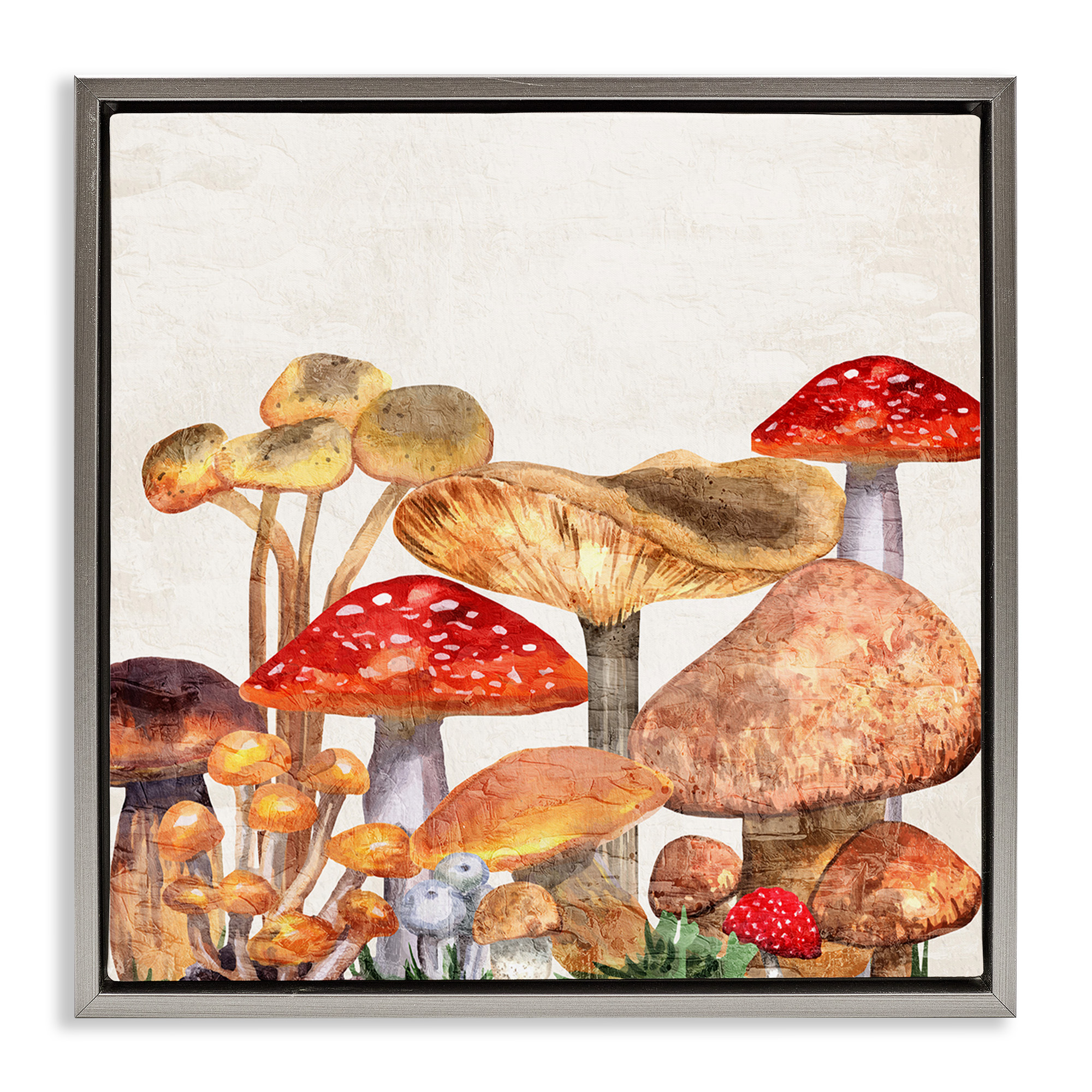 Stupell Industries Rustic Woodland Mushrooms Botanical & Floral Painting Gray Floater Framed Canvas Art Print Wall Art, 18 x 18