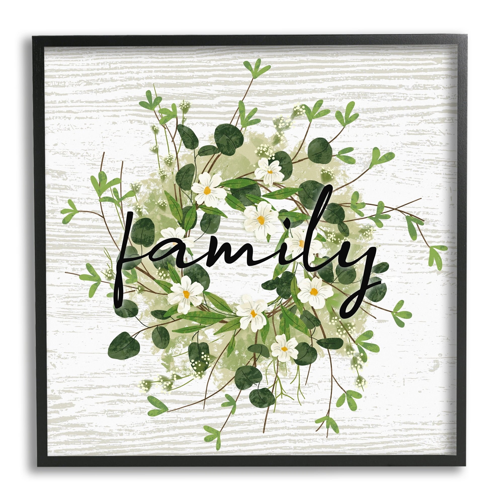 Stupell Industries Rustic Wreath Family Calligraphy Country Grain Pattern Graphic Art Black Framed Art Print Wall Art, Design by Ziwei Li