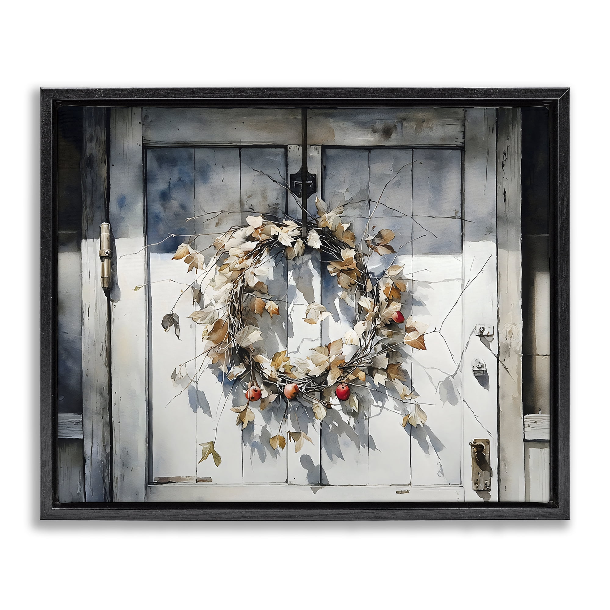Stupell Industries Rustic Wreath on White Door Black Framed Floater Canvas Wall Art, design by Franklyn Gregory