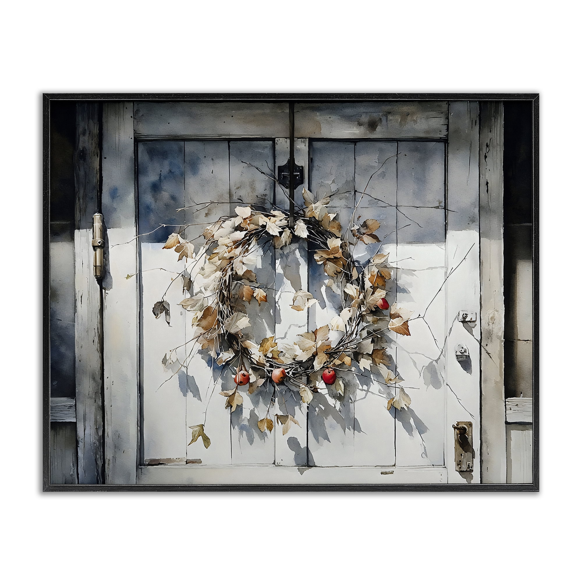 Stupell Industries Rustic Wreath on White Door Black Framed Giclee Art, design by Franklyn Gregory