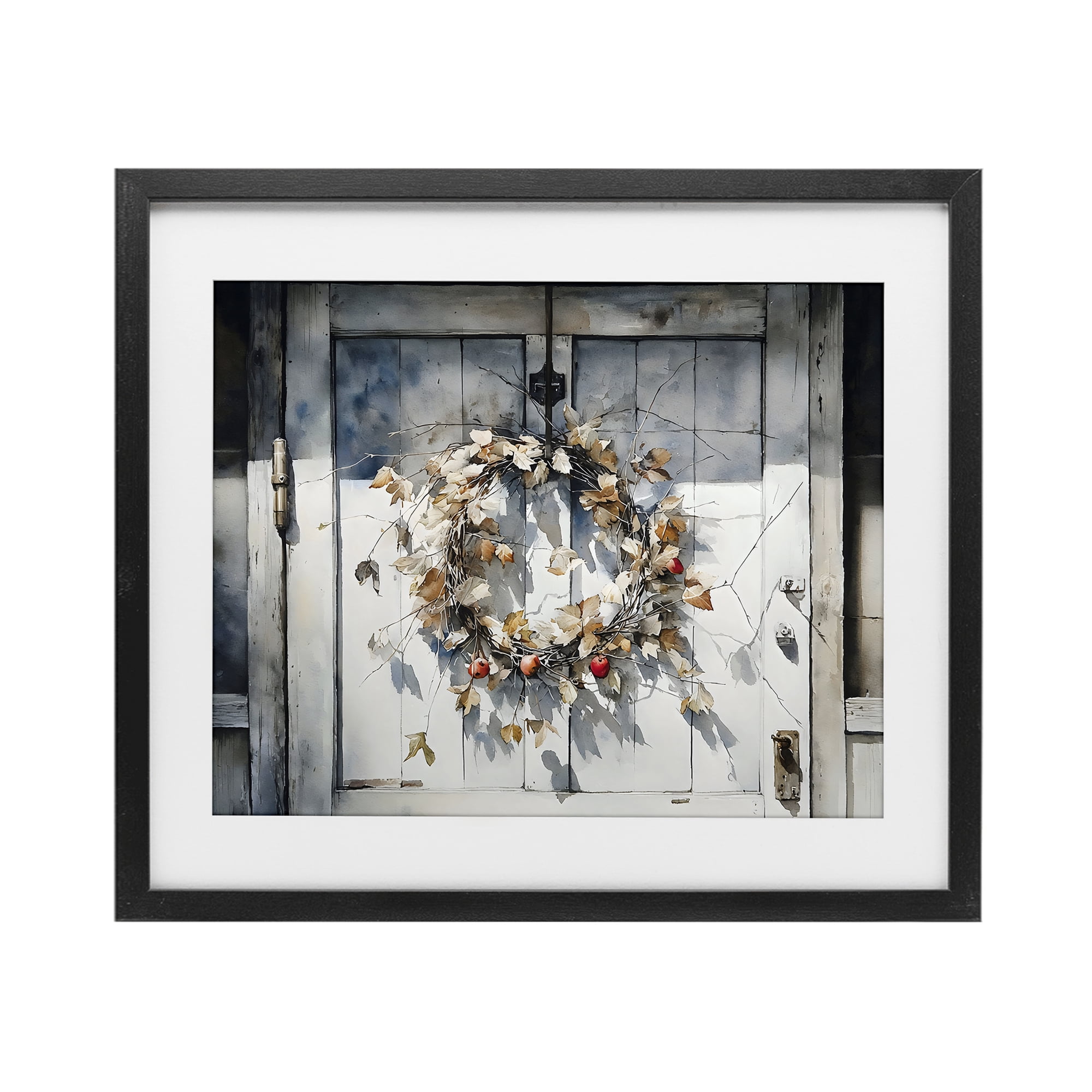 Stupell Industries Rustic Wreath on White Door Black Framed Print Under Glass, design by Franklyn Gregory