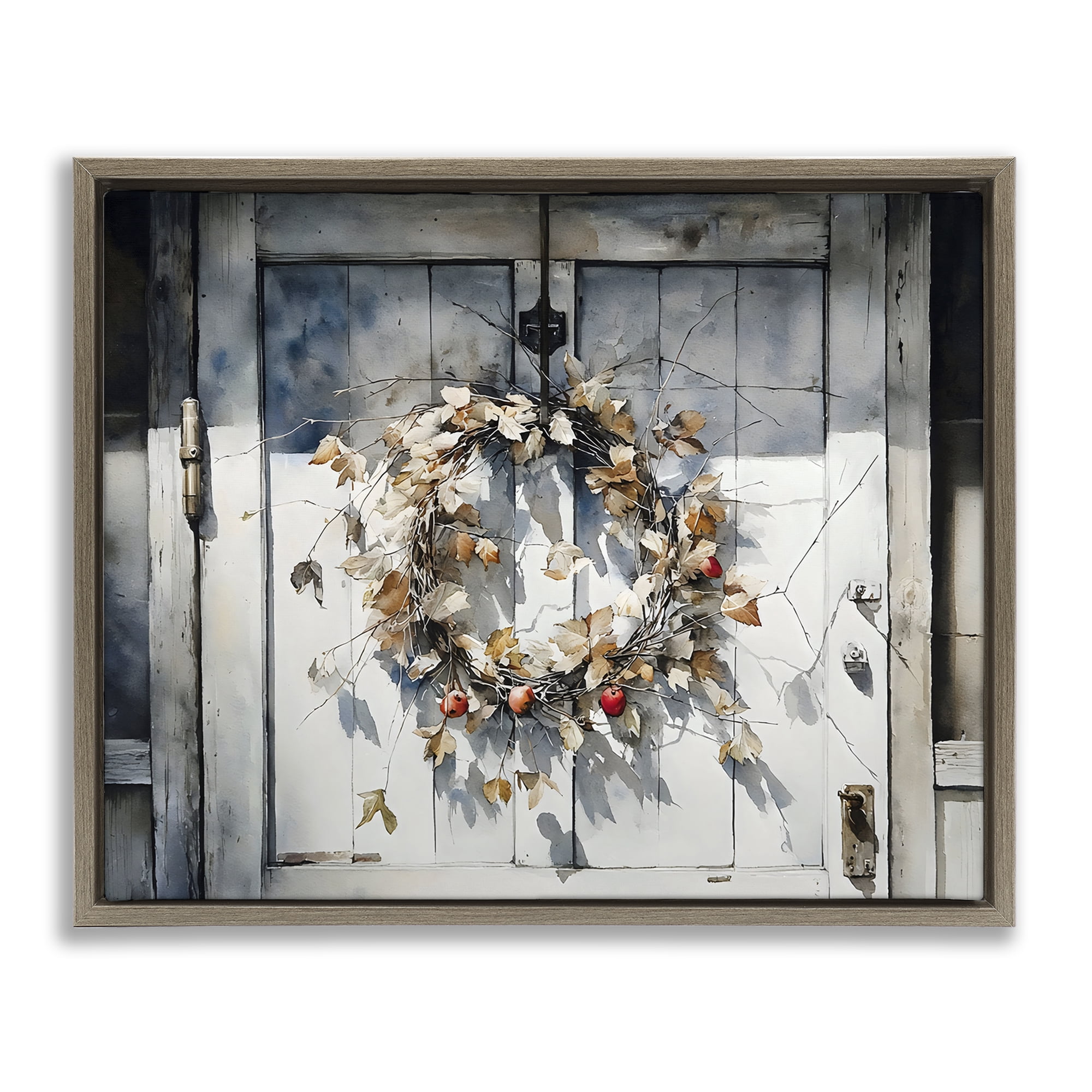 Stupell Industries Rustic Wreath on White Door Brown Framed Floater Canvas Wall Art, design by Franklyn Gregory