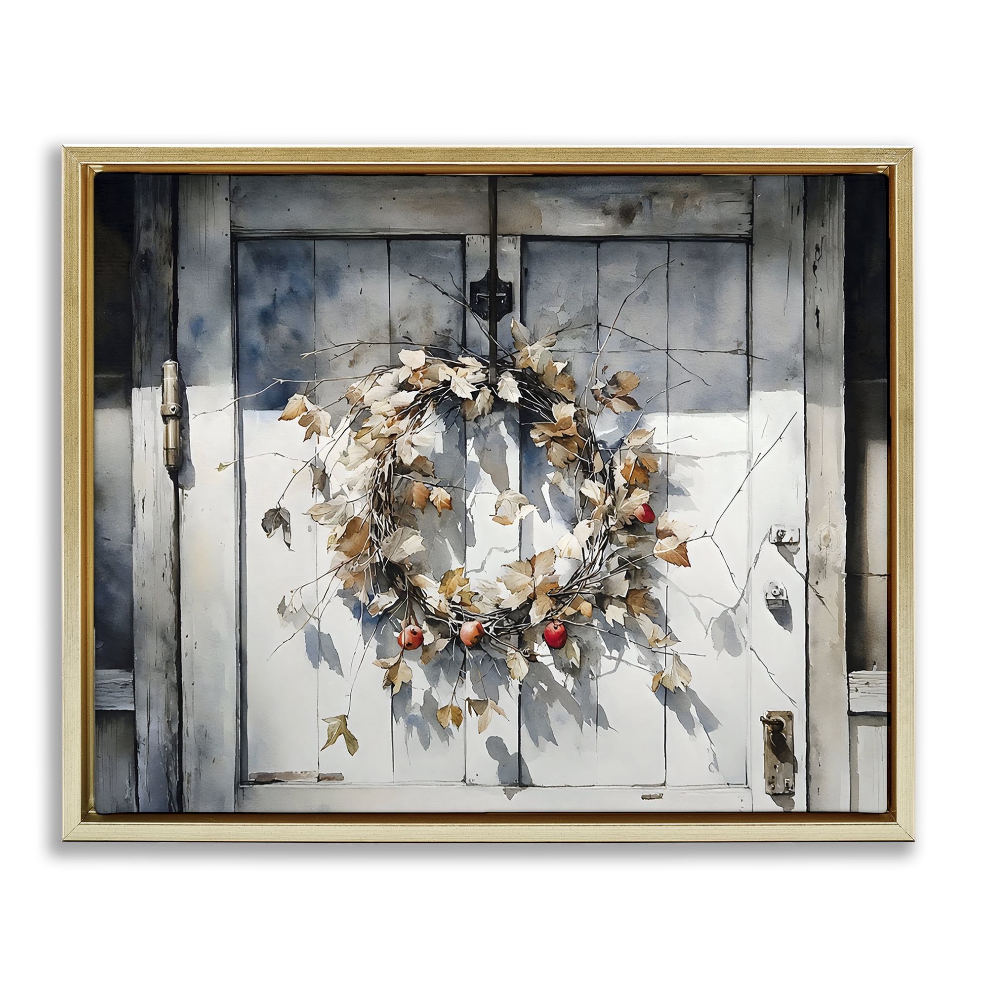 Stupell Industries Rustic Wreath on White Door Gold Framed Floater Canvas Wall Art, design by Franklyn Gregory