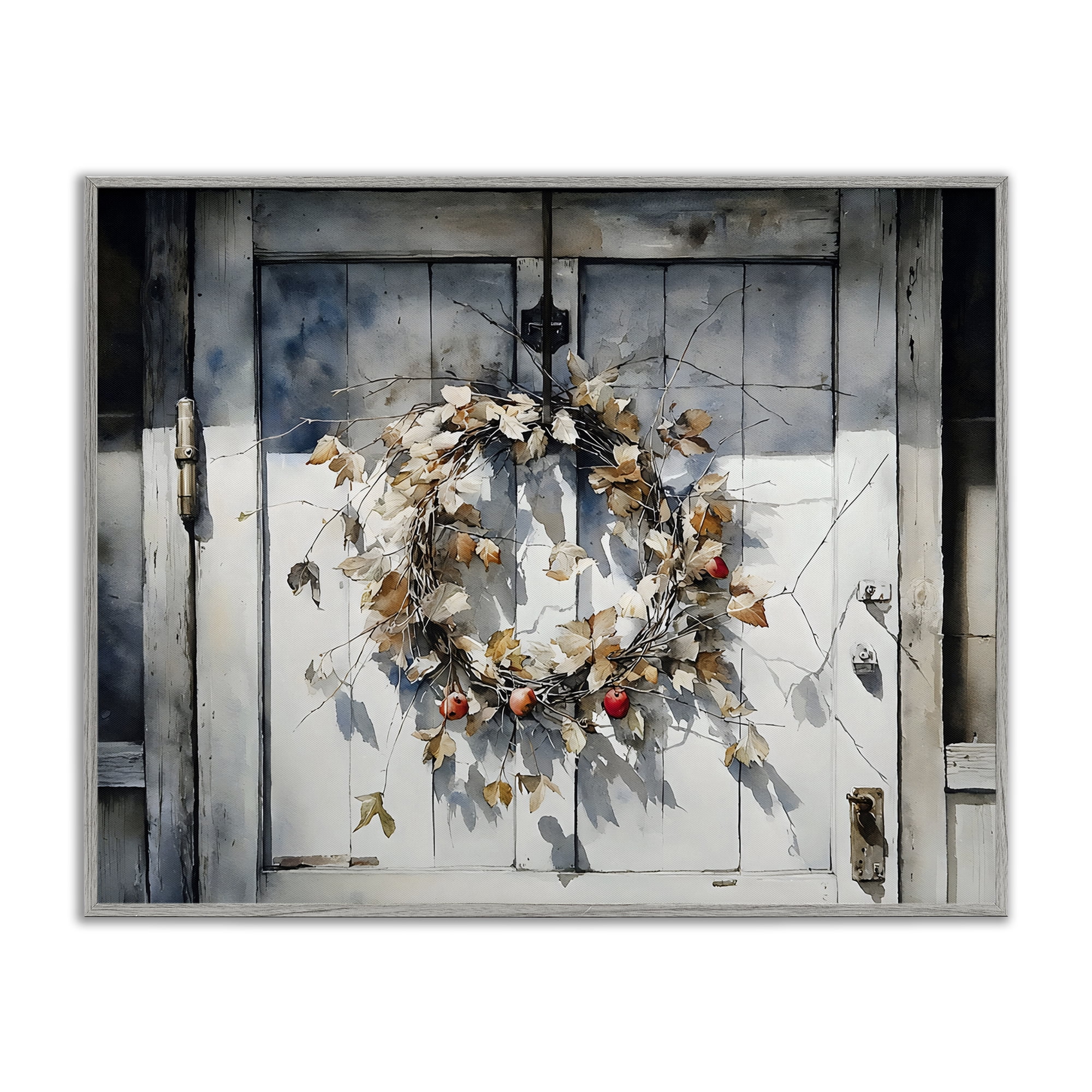 Stupell Industries Rustic Wreath on White Door Gray Framed Giclee Art, design by Franklyn Gregory