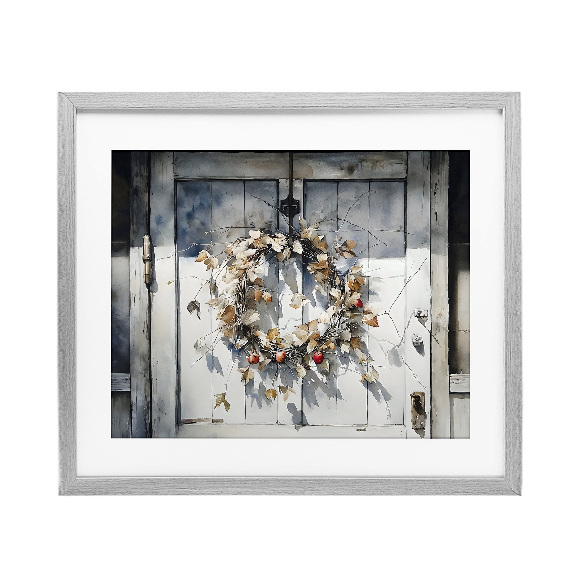 Stupell Industries Rustic Wreath on White Door Gray Framed Print Under Glass, design by Franklyn Gregory