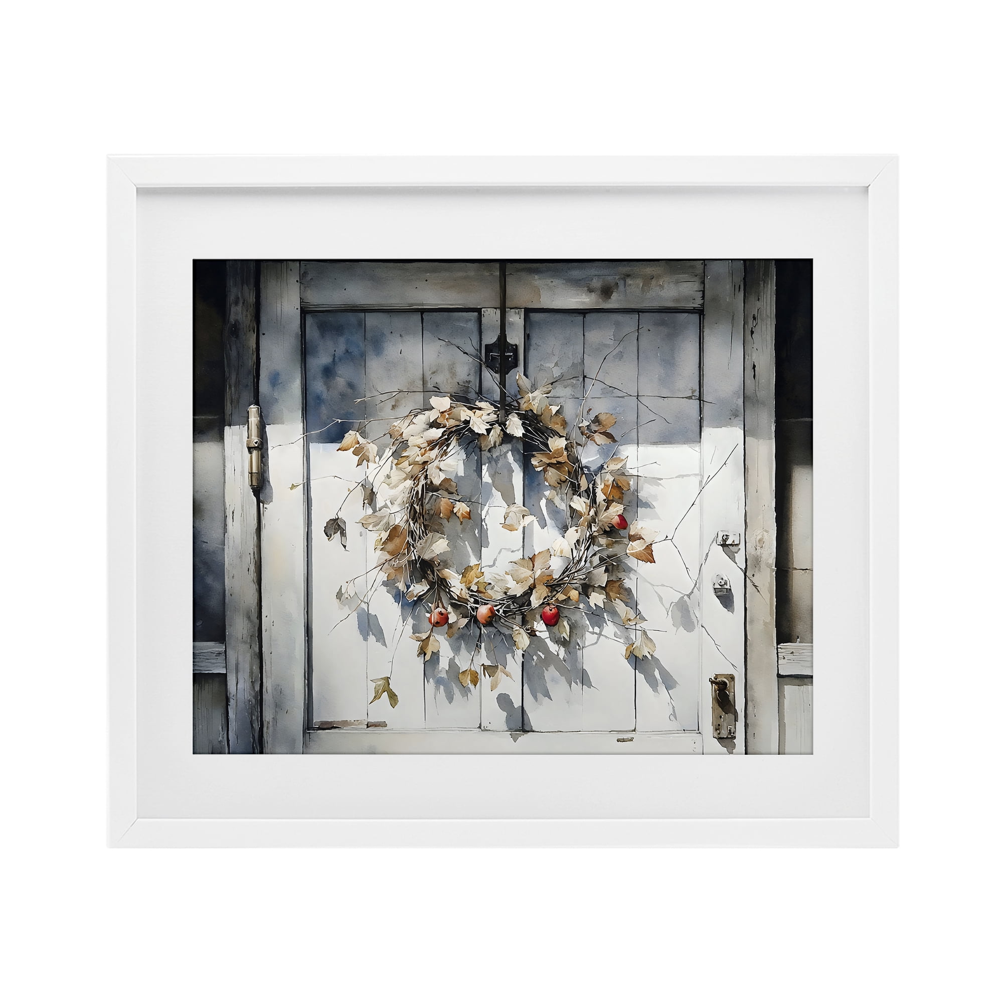 Stupell Industries Rustic Wreath on White Door White Framed Print Under Glass, design by Franklyn Gregory