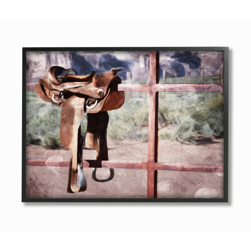 Stupell Industries Saddle On Fence Farm Horse Riding Painting Framed Wall Art by Milli Villa, 16" x 20", Black Framed