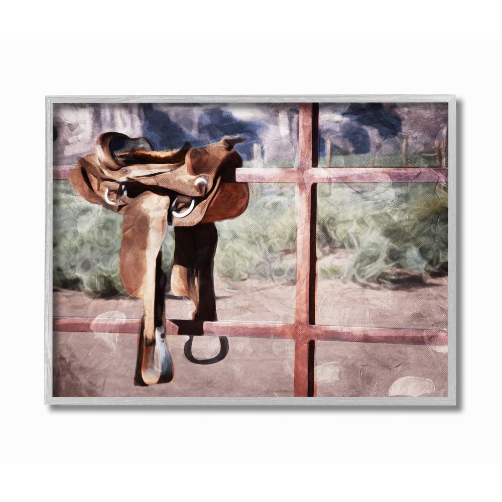 Stupell Industries Saddle On Fence Farm Horse Riding Painting Gray Framed Art Print Wall Art, 16x20, by Milli Villa