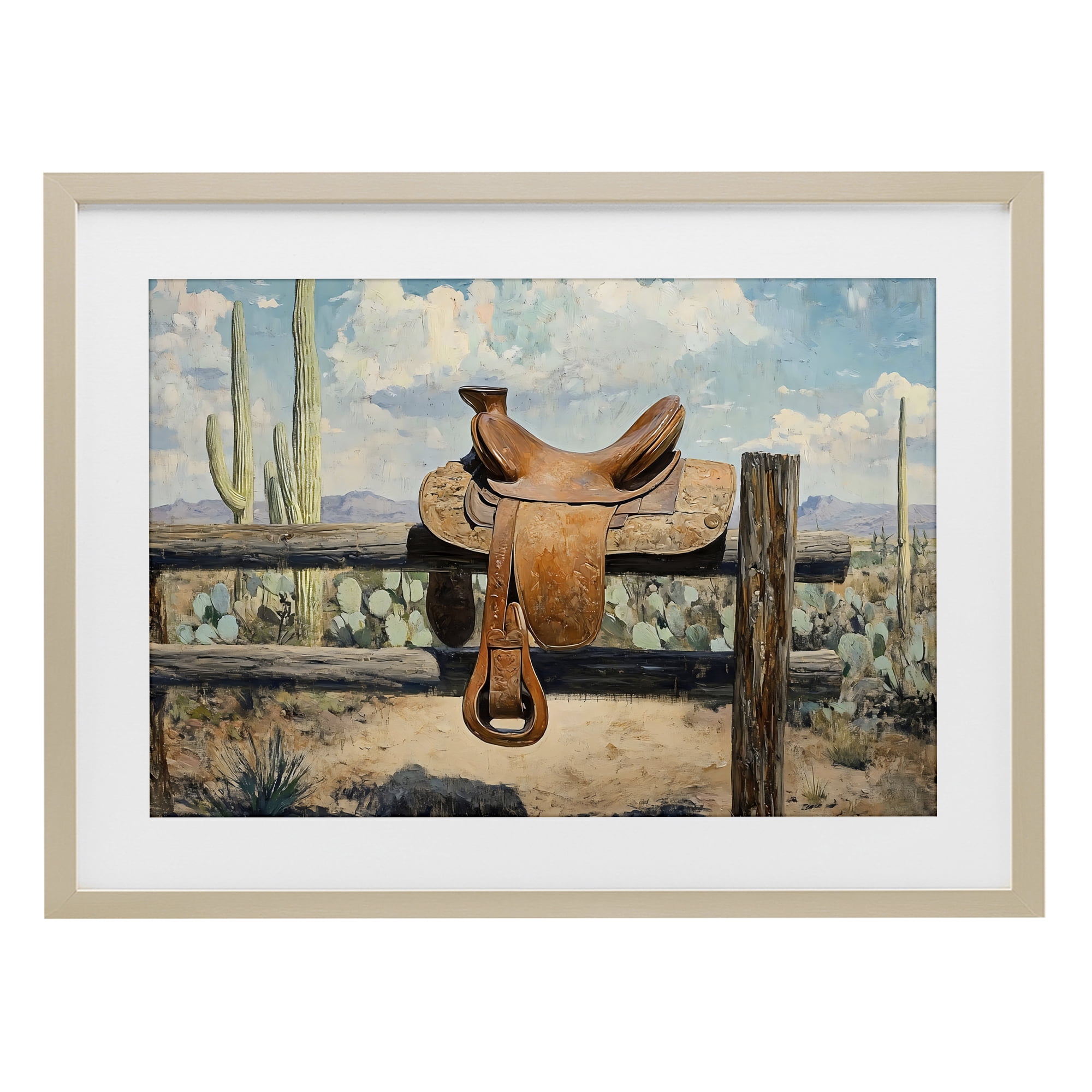 Stupell Industries Saddle on Desert Fence Birch Framed Print Under Glass, design by Franklyn Gregory