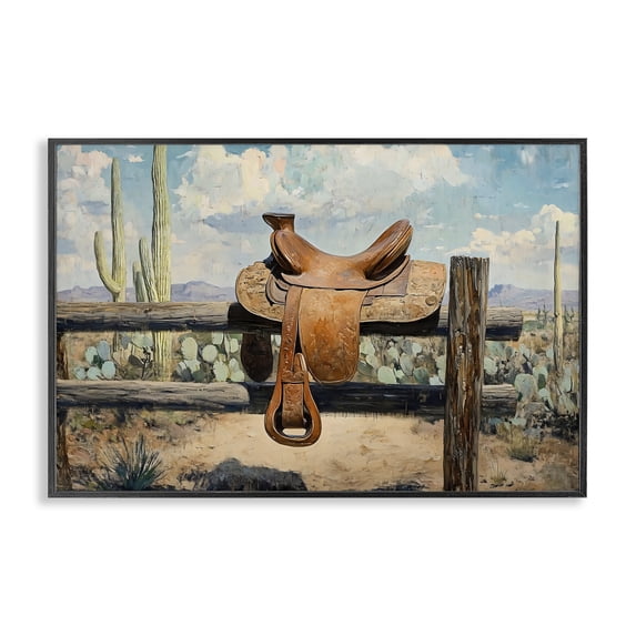 Stupell Industries Rustic Lodge Saddle on Desert Fence Black Framed Giclee Art, 18 x 12, by Franklyn Gregory