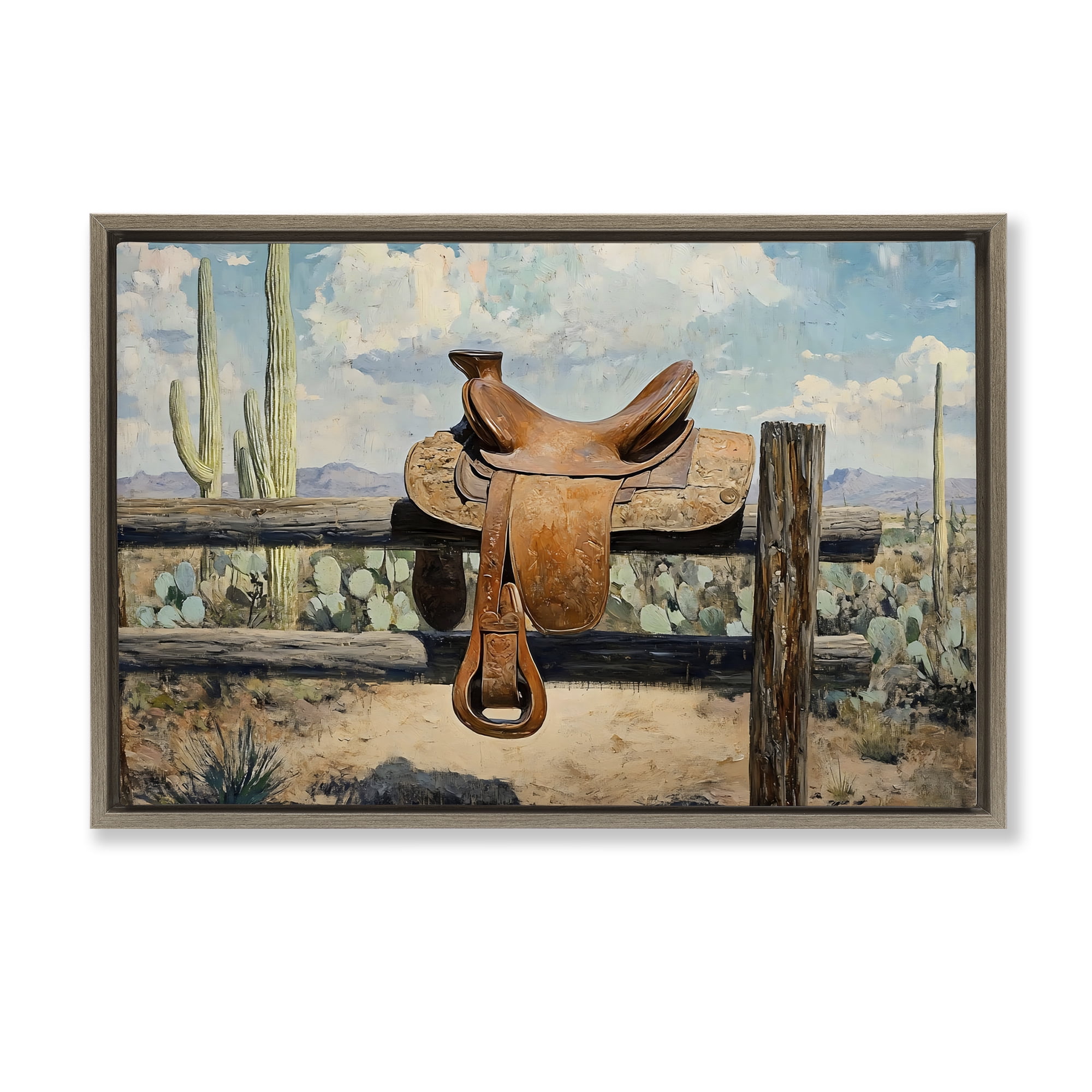 Stupell Industries Saddle on Desert Fence Brown Framed Floater Canvas Wall Art, design by Franklyn Gregory