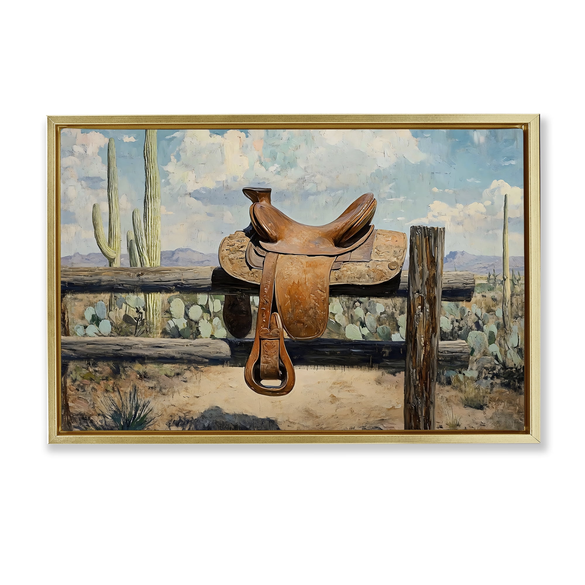 Stupell Industries Saddle on Desert Fence Gold Framed Floater Canvas Wall Art, design by Franklyn Gregory