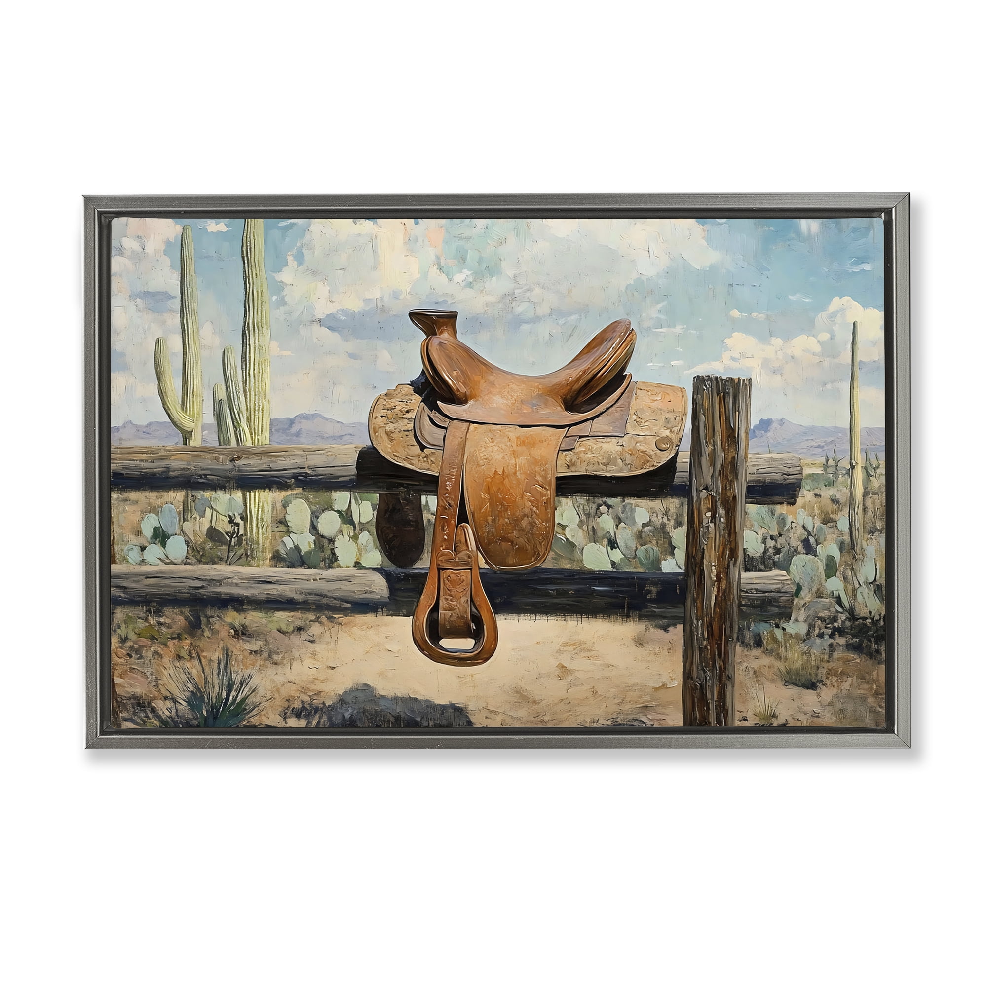 Stupell Industries Saddle on Desert Fence Gray Framed Floater Canvas Wall Art, design by Franklyn Gregory