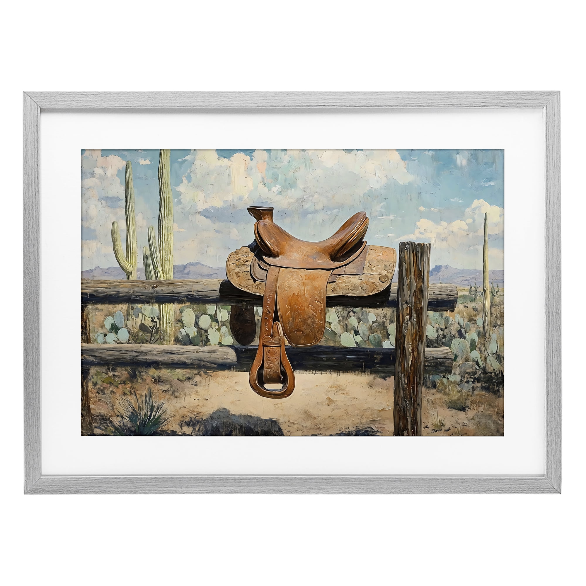 Stupell Industries Saddle on Desert Fence Gray Framed Print Under Glass, design by Franklyn Gregory