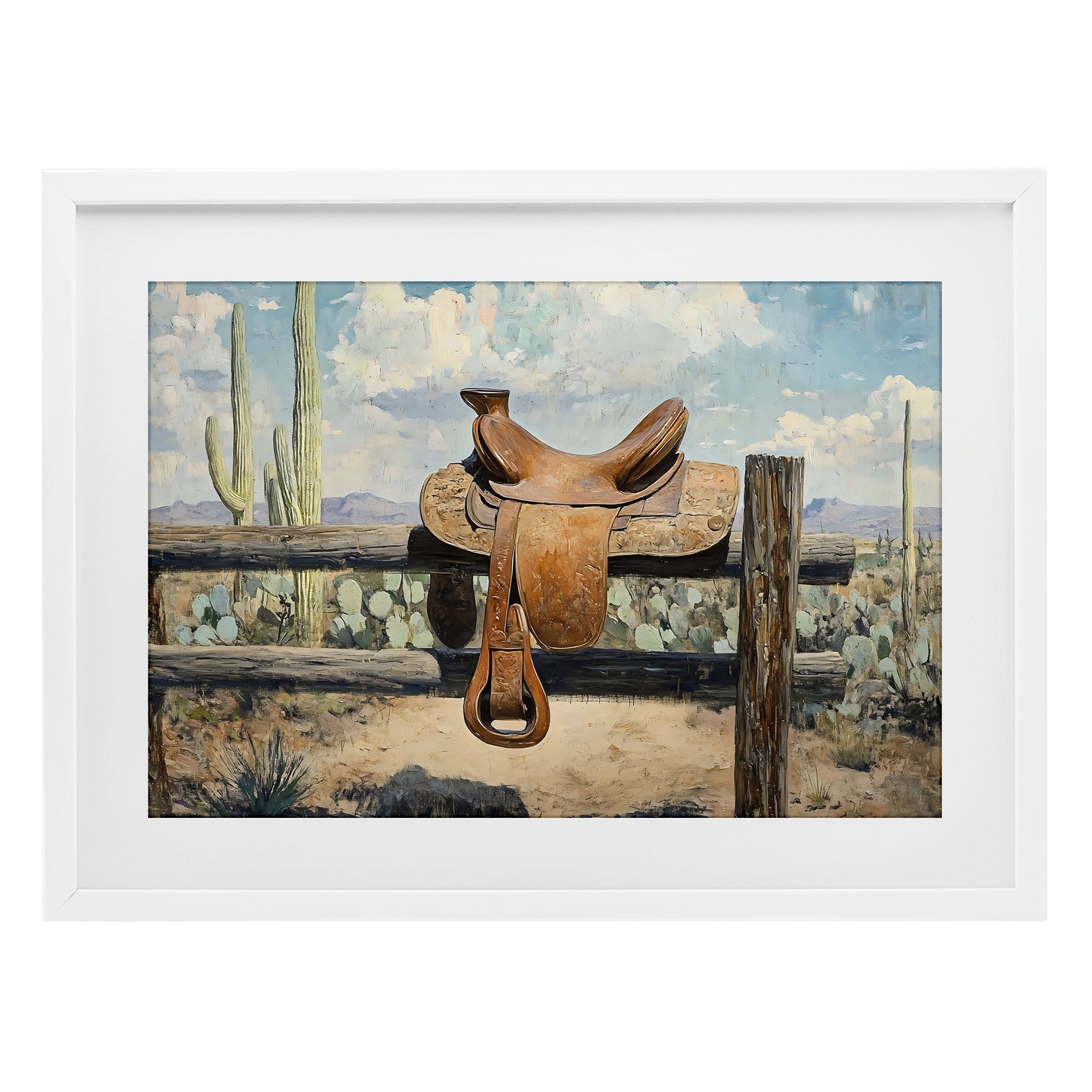 Stupell Industries Saddle on Desert Fence White Framed Print Under Glass, design by Franklyn Gregory
