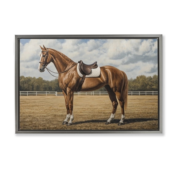 Stupell Industries Rustic Lodge Saddled Up Chestnut Horse Gray Floating Frame Canvas Art, 25 x 17, by Petals Prints Design