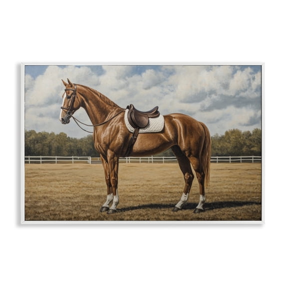 Stupell Industries Rustic Lodge Saddled Up Chestnut Horse White Framed Giclee Art, 30 x 20, by Petals Prints Design