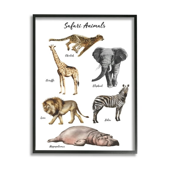 Stupell Industries Safari Animal Chart Playful Watercolor Illustrations Black Framed, 16 x 20, Design by Ziwei Li