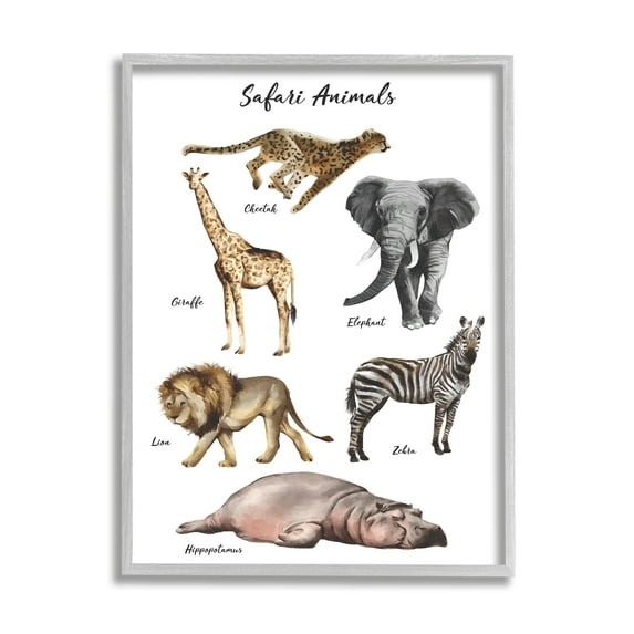 Stupell Industries Safari Animal Chart Playful Watercolor Illustrations Graphic Art Framed Art Print Wall Art, 24x30, By Ziwei Li
