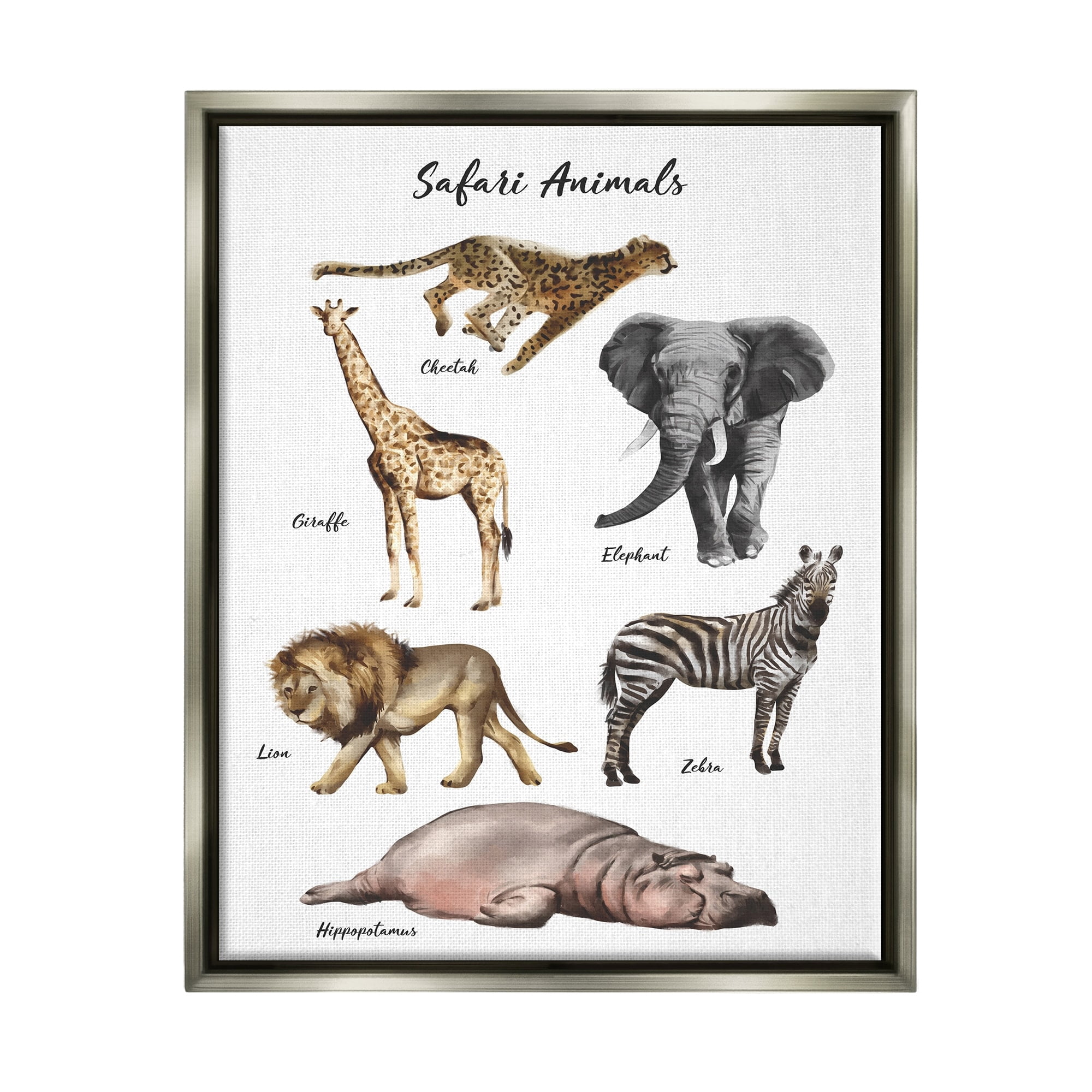 Stupell Industries Safari Animal Chart Playful Watercolor Illustrations Luster Gray Framed Floating Canvas Wall Art, 16x20, by Ziwei Li