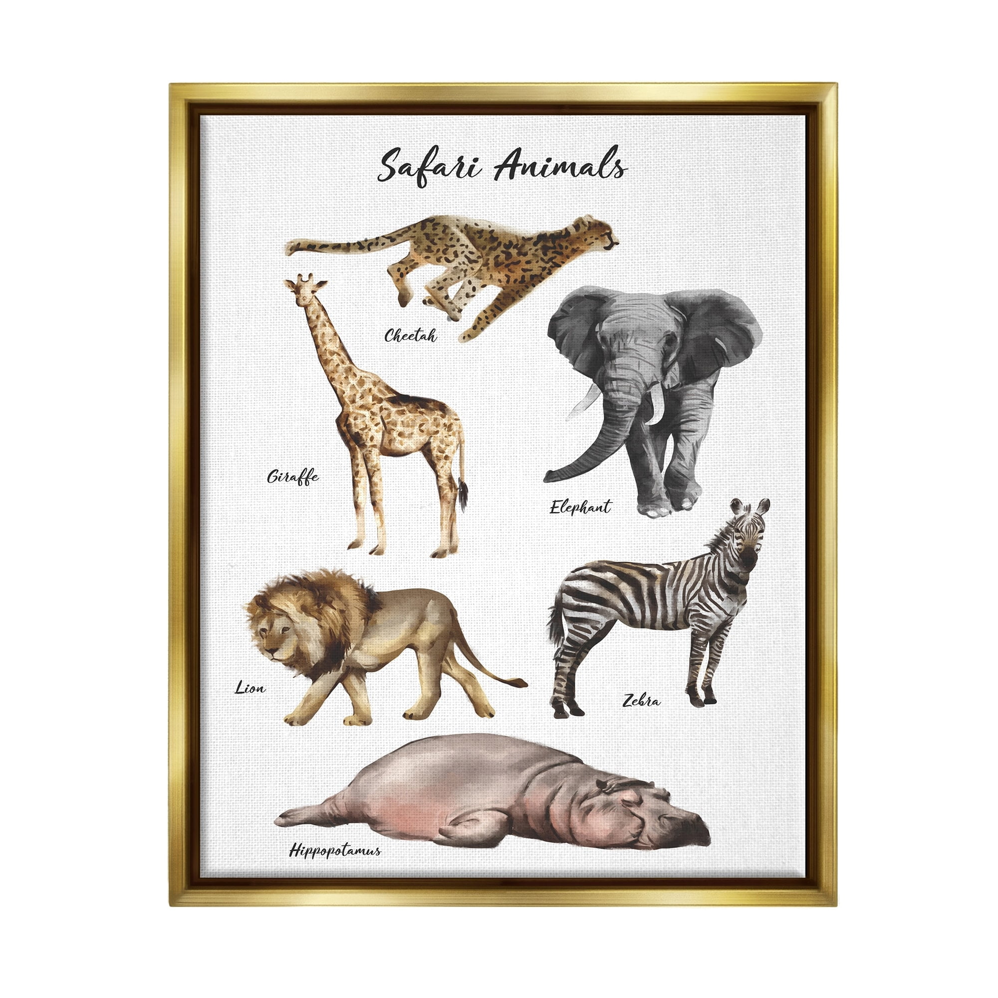 Stupell Industries Safari Animal Chart Playful Watercolor Illustrations Metallic Gold Framed Floating Canvas Wall Art, 24x30, by Ziwei Li