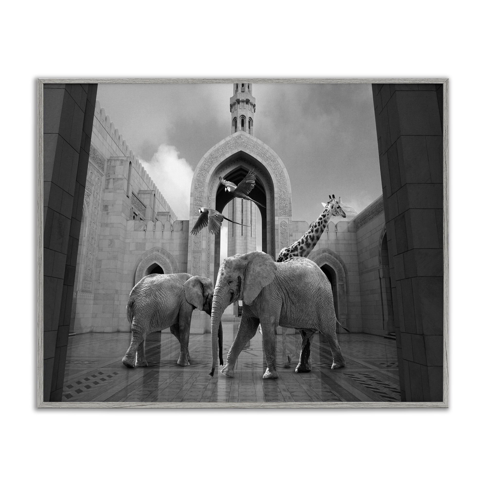 Stupell Industries Safari Animals In Arabesque Architecture Parrots Elephants Giraffe Framed Wall Art Design by Ziwei Li, 11" x 14", Gray Framed